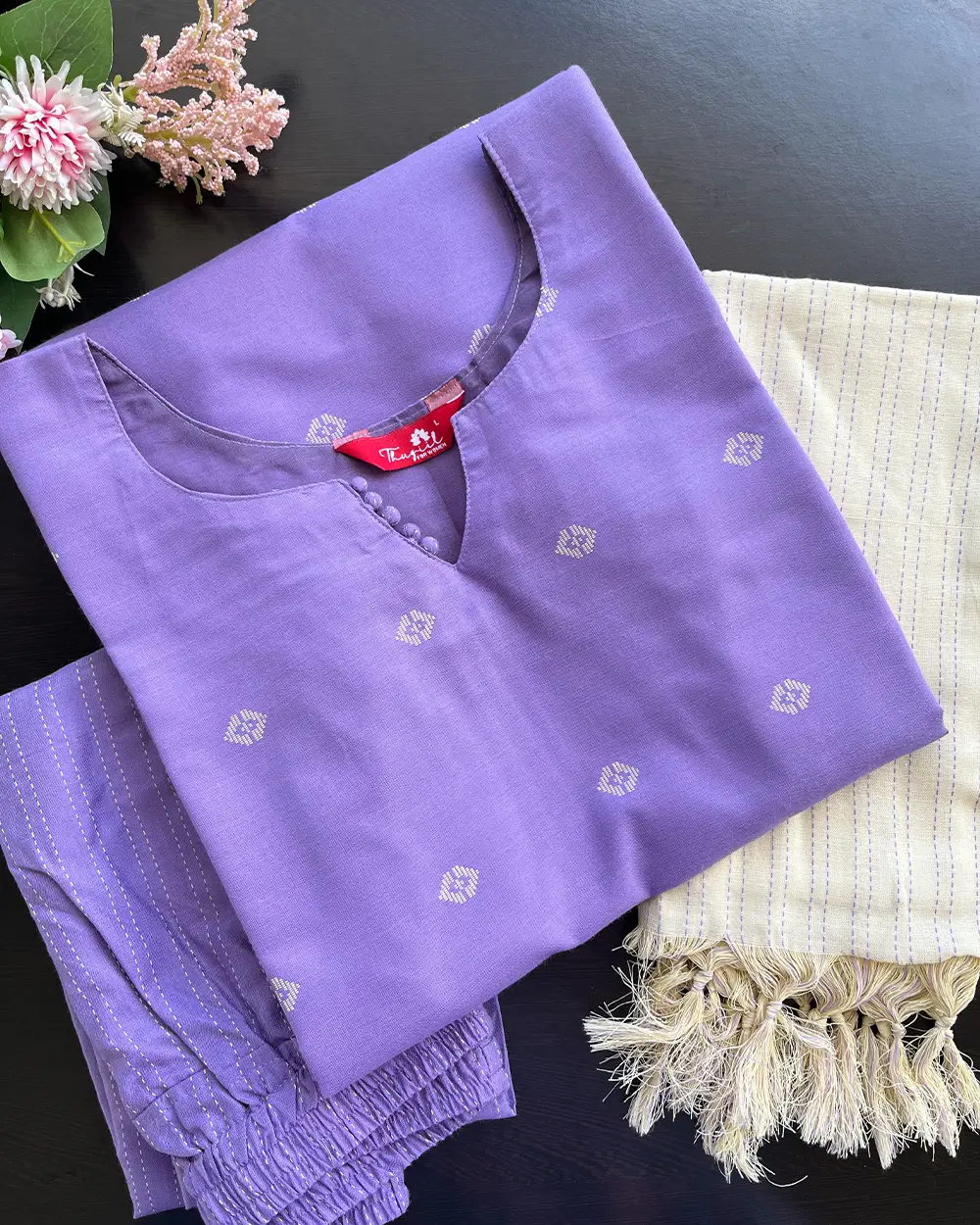T082 2 in 1 Lavender Handloom Cotton Kurta Set - Image 2