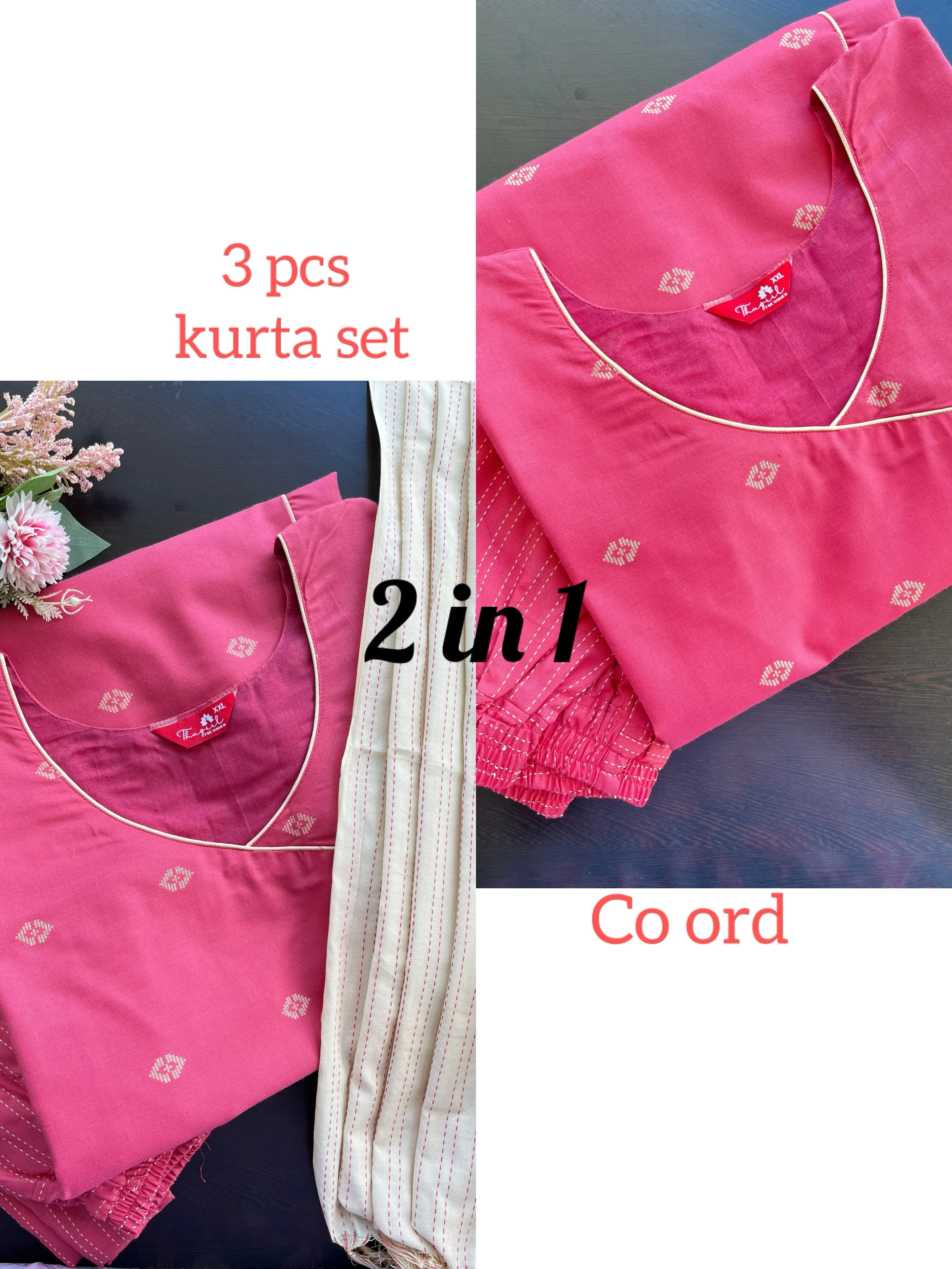T068 2 in 1 Peach Handloom Soft Cotton Kurta Set - Image 2