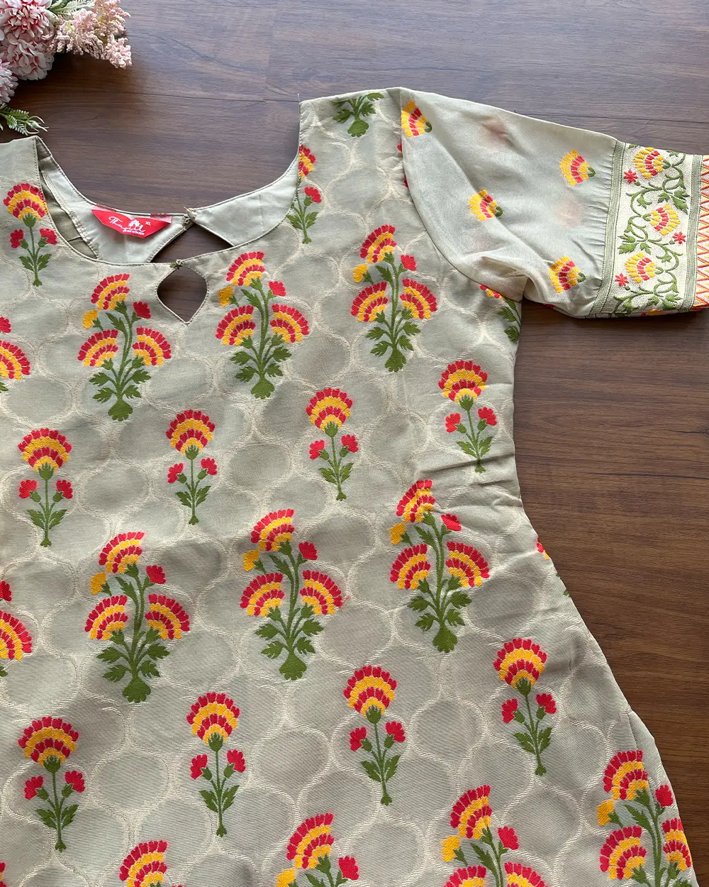 T093 Beige Banaras Cotton Kurta Set (Top-Dupatta ) - Image 2