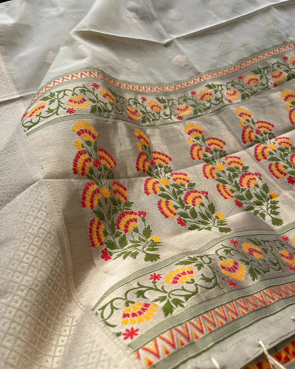 T093 Beige Banaras Cotton Kurta Set (Top-Dupatta ) - Image 4
