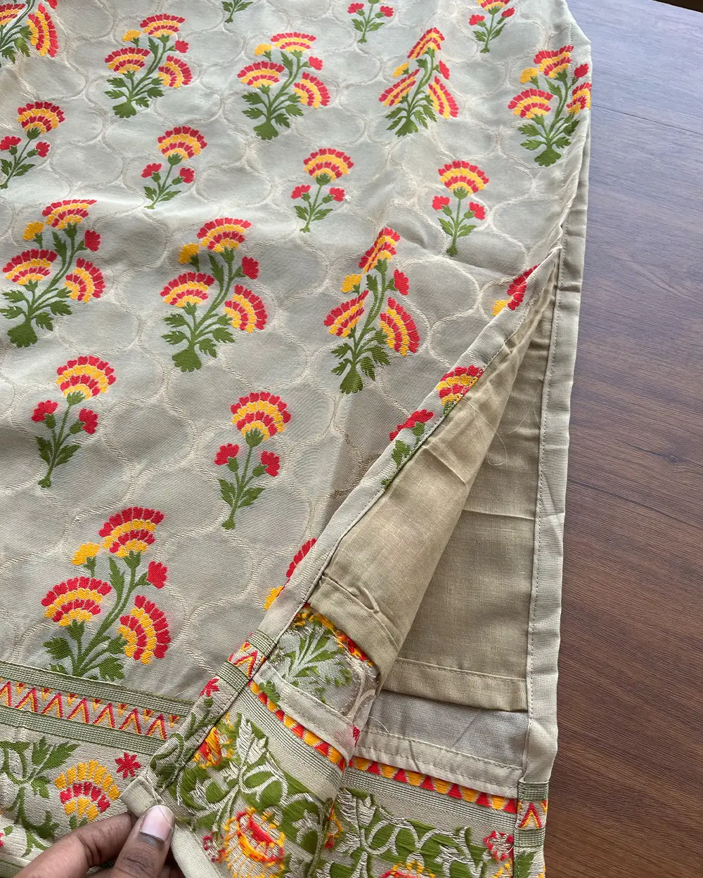 T093 Beige Banaras Cotton Kurta Set (Top-Dupatta ) - Image 5