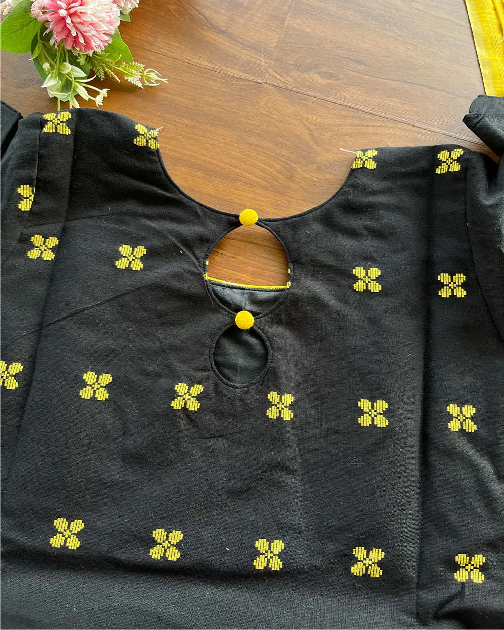 T177 Black Gold Pure Handloom Cotton Kurta Set - Image 3