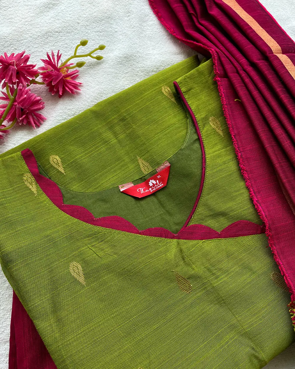 T059 Green Slub Silk Kurta Set - Image 2