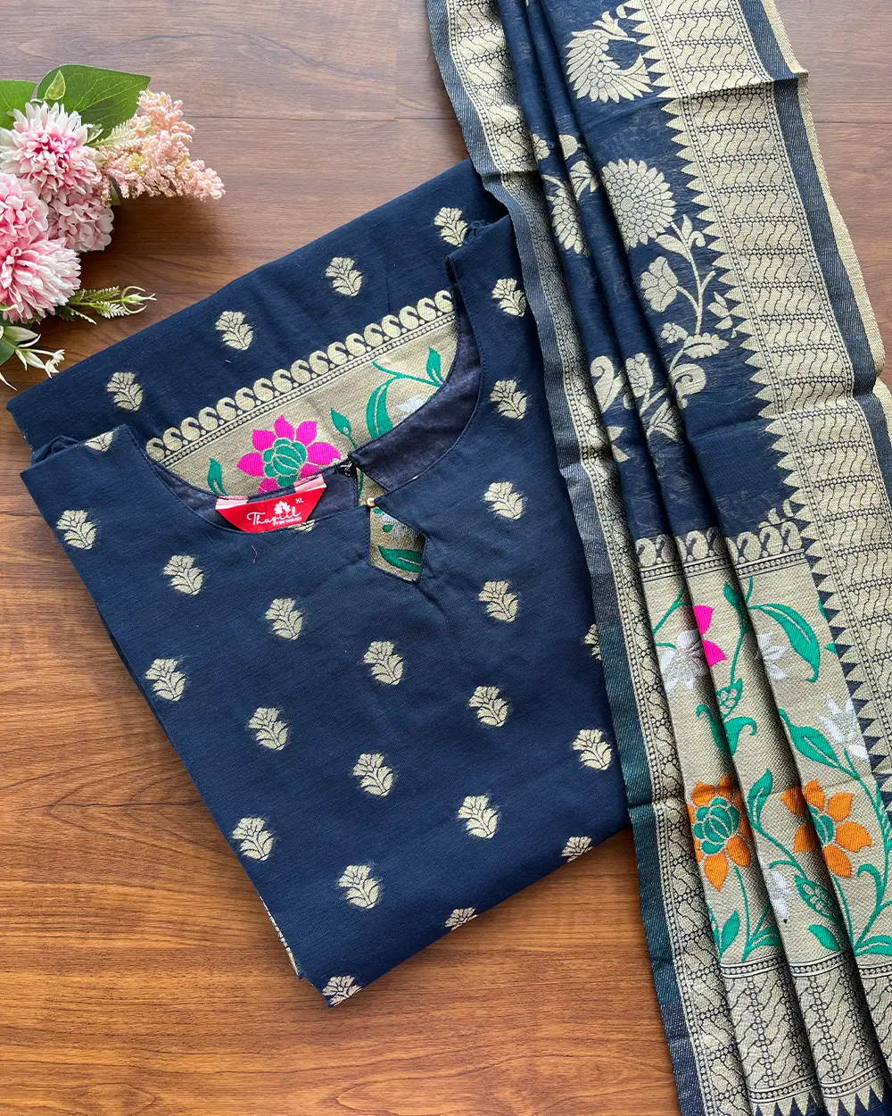 T099 Midnight Blue Banaras Cotton Kurta Set (Top-Dupatta) - Image 2