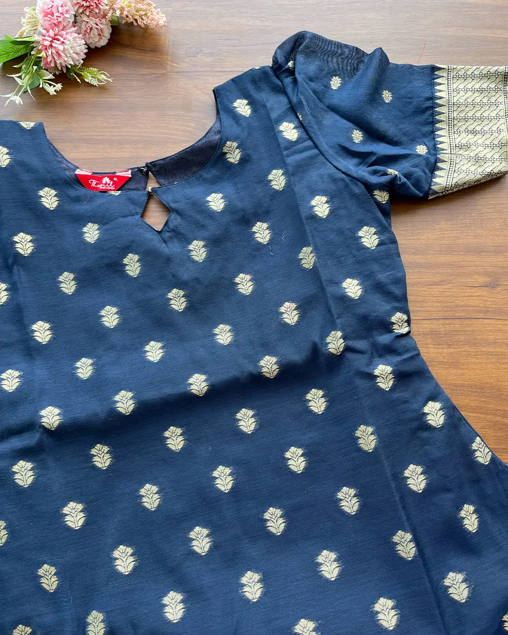 T099 Midnight Blue Banaras Cotton Kurta Set (Top-Dupatta) - Image 3