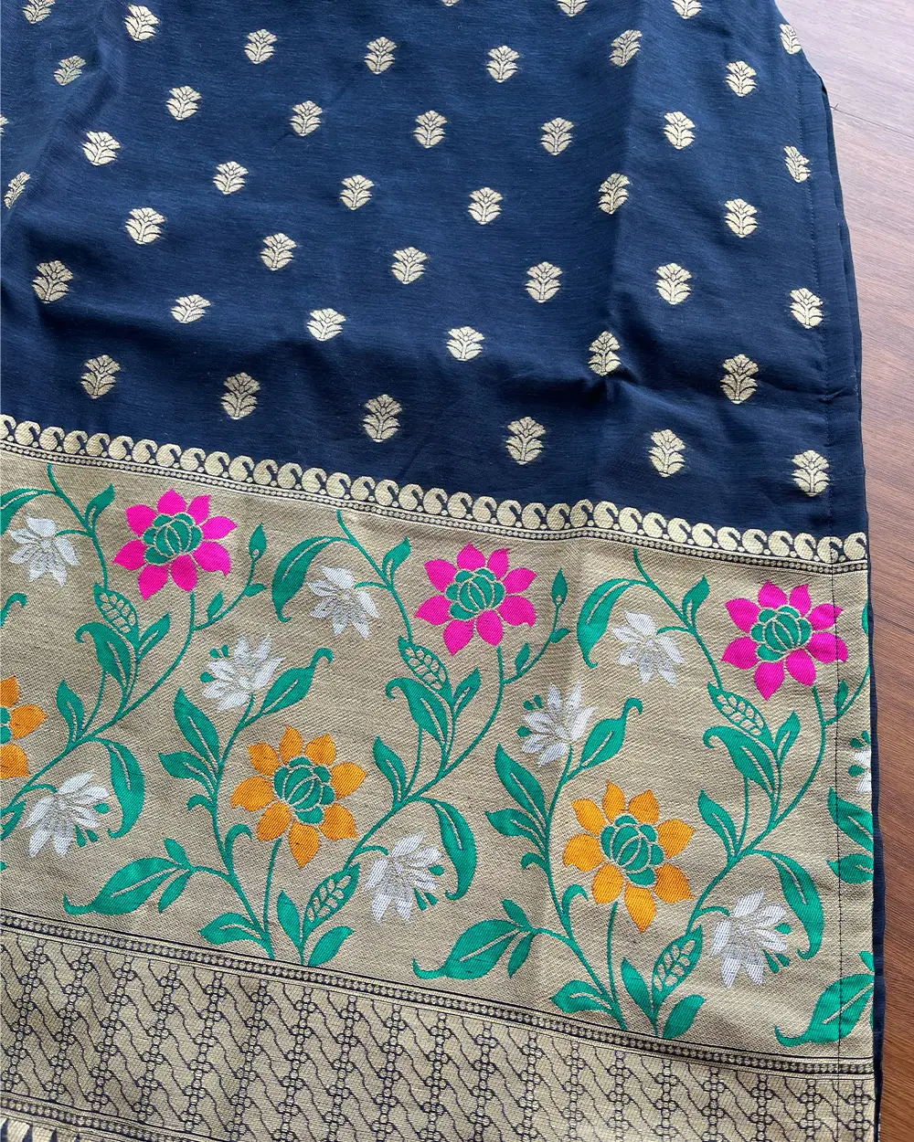 T099 Midnight Blue Banaras Cotton Kurta Set (Top-Dupatta) - Image 4