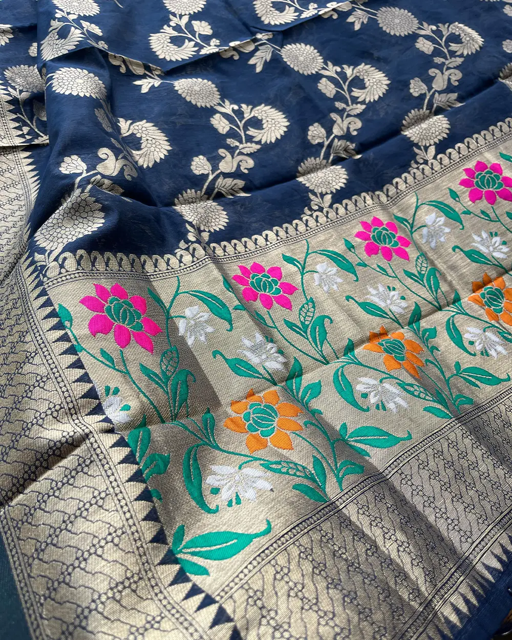 T099 Midnight Blue Banaras Cotton Kurta Set (Top-Dupatta) - Image 5