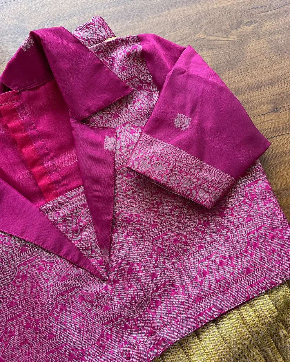 T098 Mustard - Pink Pleated Silk Maxi - Image 3