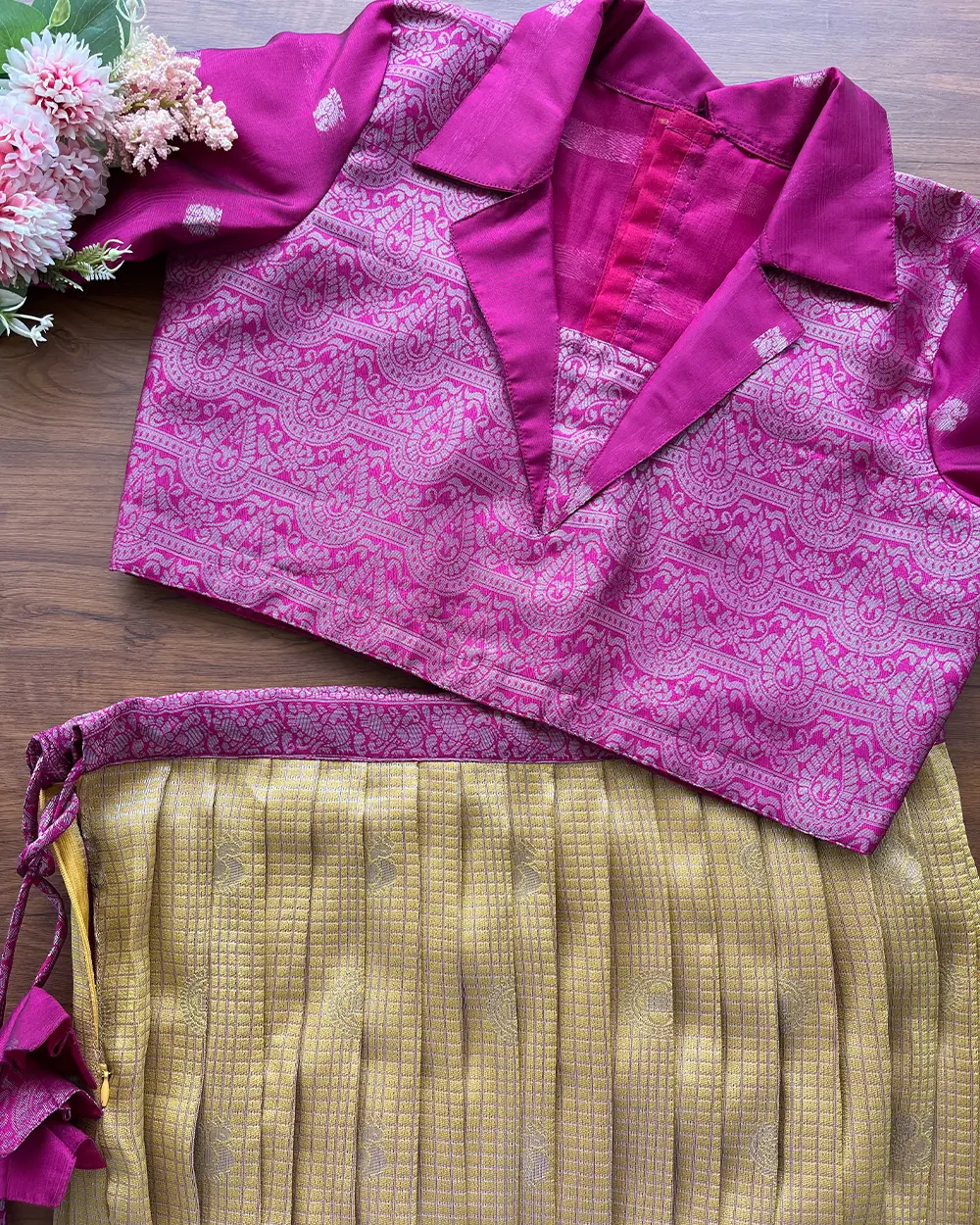 T098 Mustard - Pink Pleated Silk Maxi - Image 5