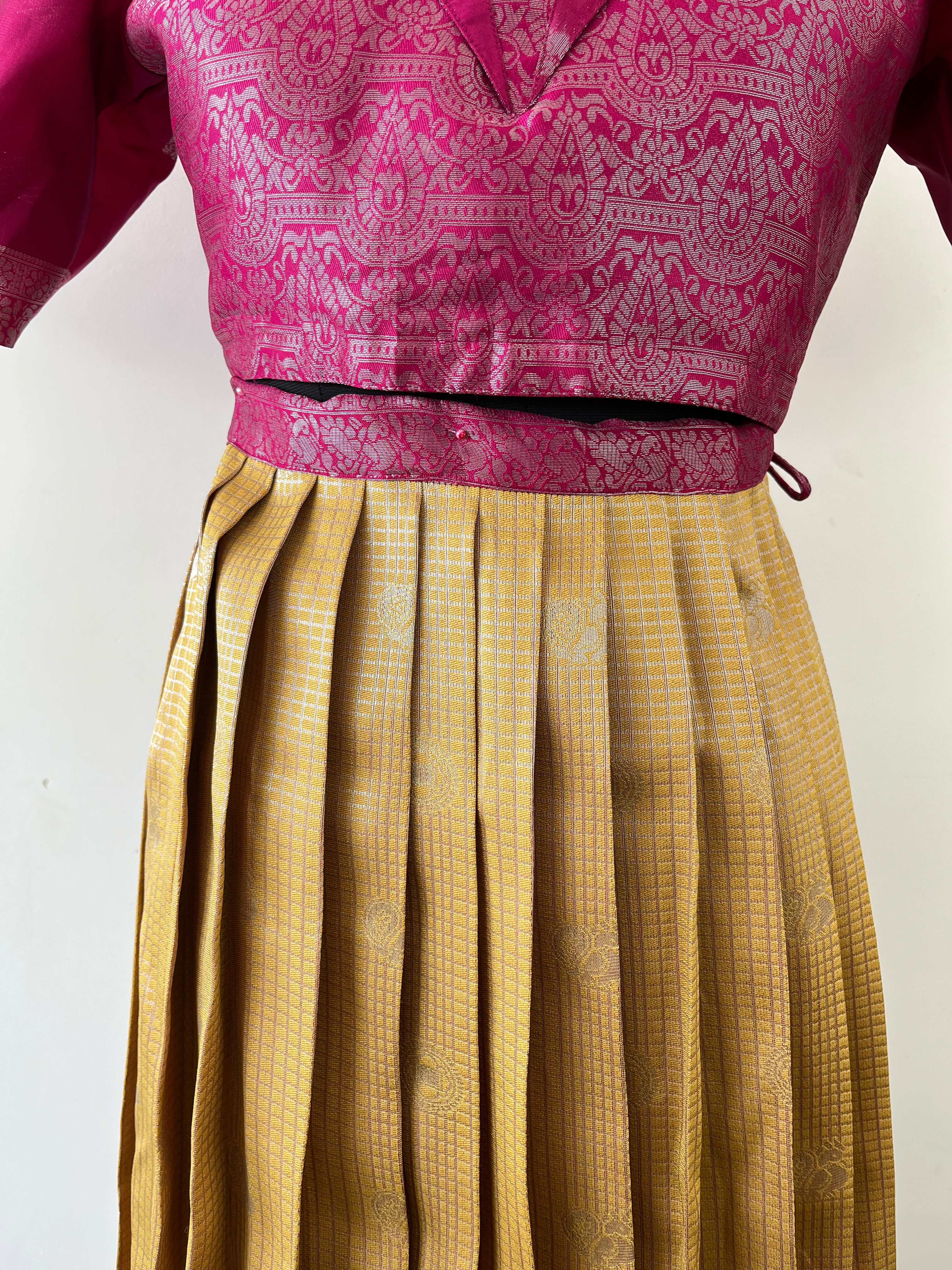 T098 Mustard - Pink Pleated Silk Maxi - Image 6