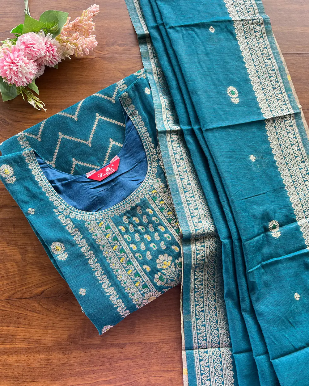 T185 Peacock Cotton Banaras Kurta Set (Top-Dupatta) - Image 2