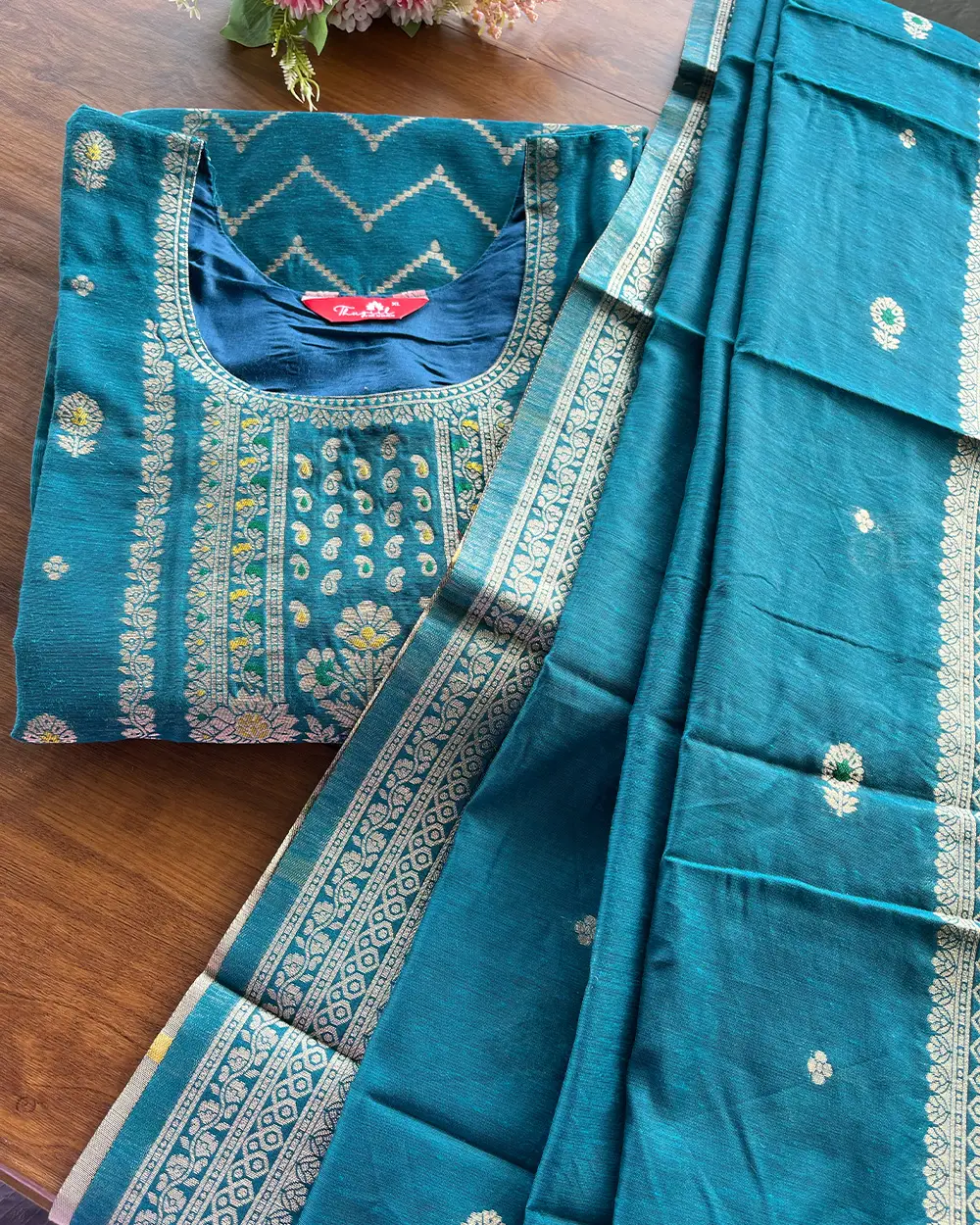 T185 Peacock Cotton Banaras Kurta Set (Top-Dupatta) - Image 3