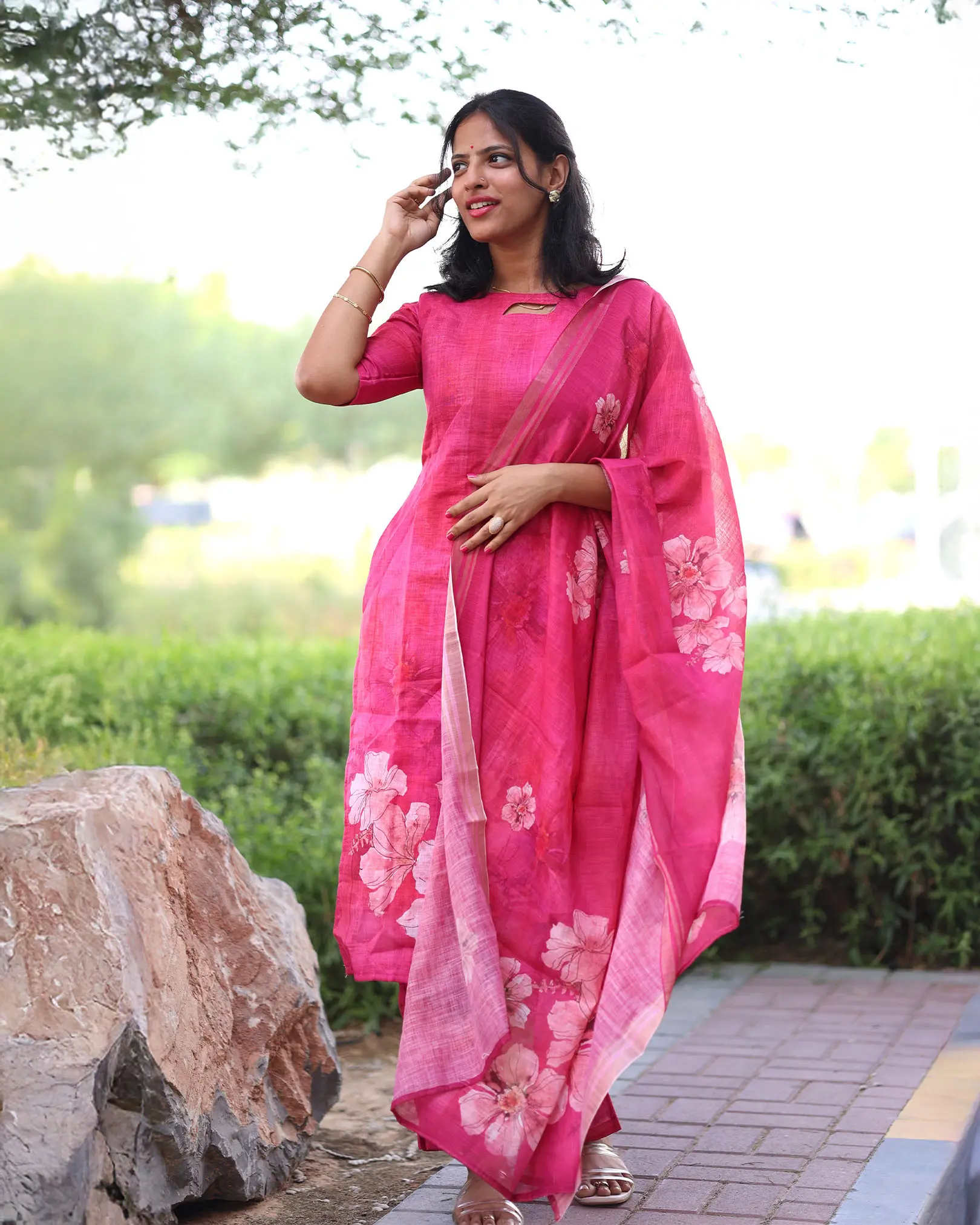 T037 Pink linen kurta set 3 pc - Image 3