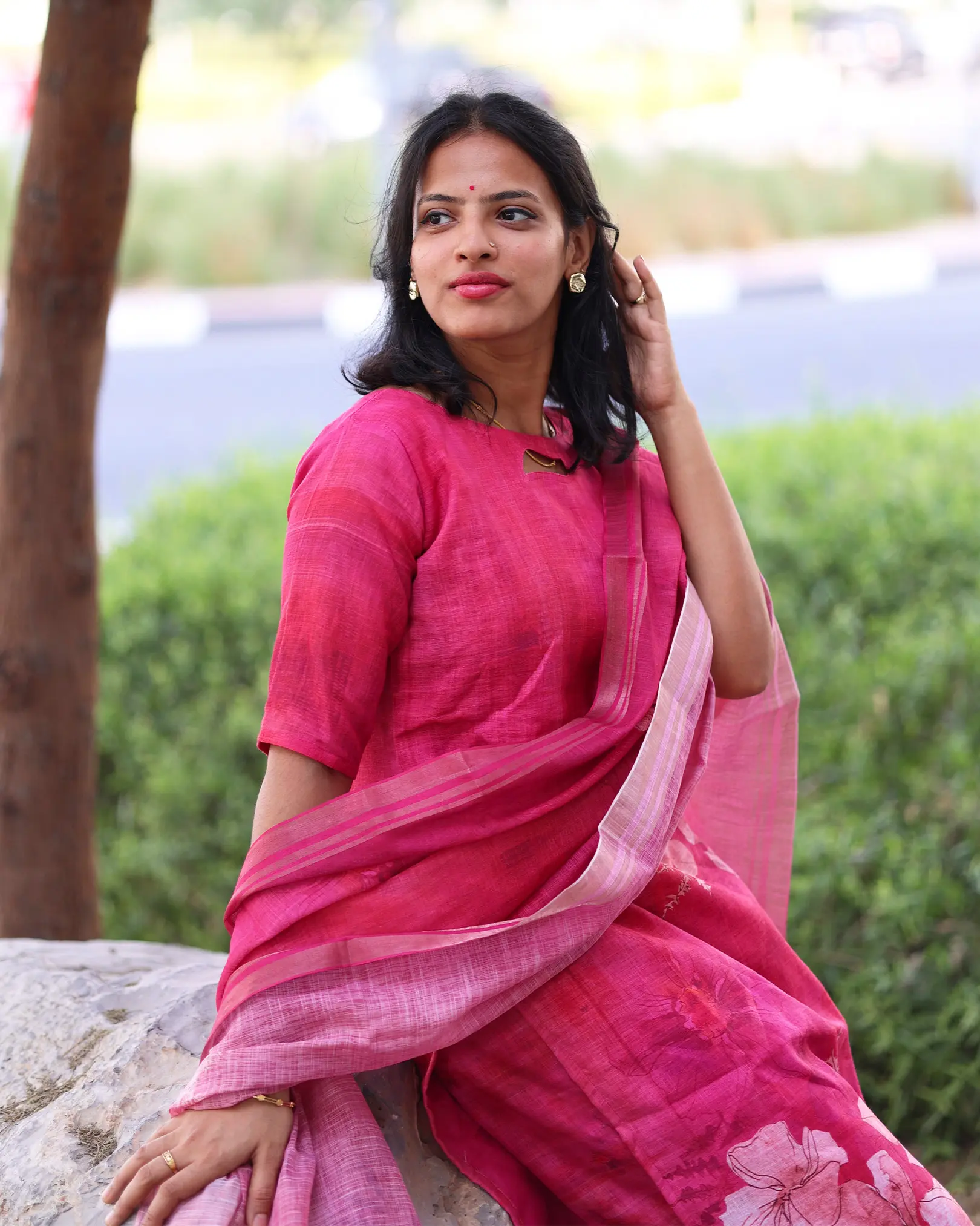 T037 Pink linen kurta set 3 pc - Image 4