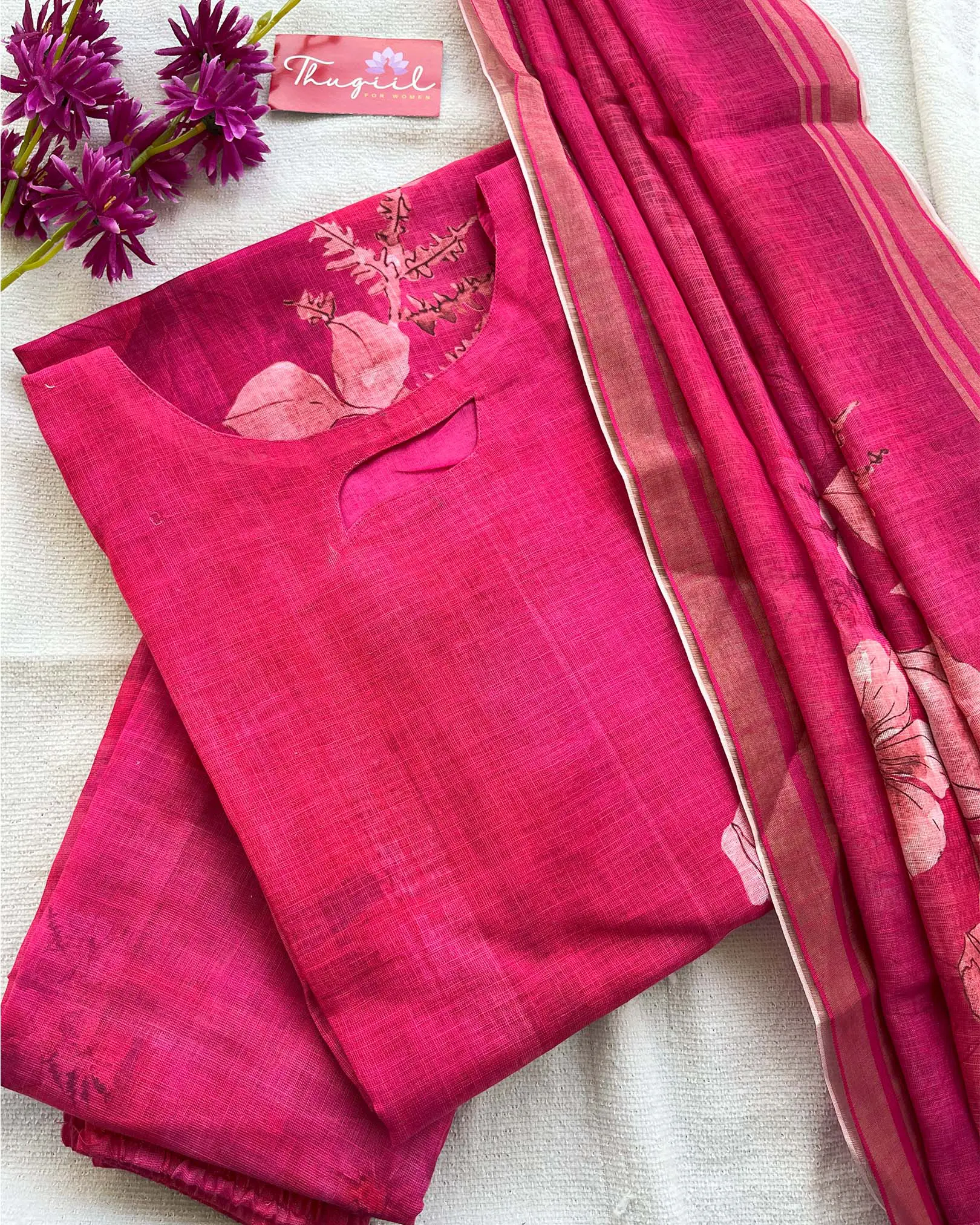 T037 Pink linen kurta set 3 pc - Image 6