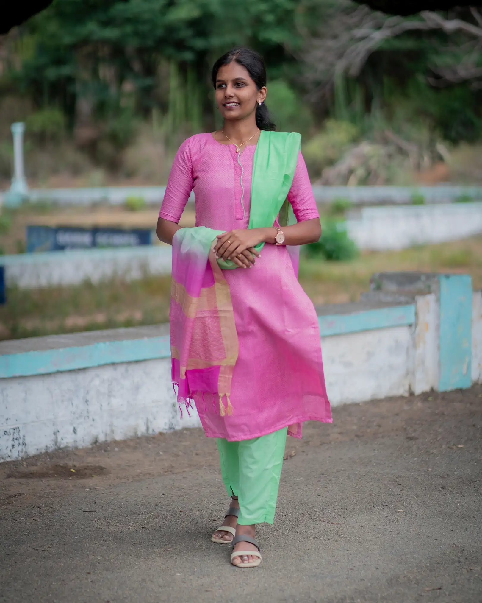 T038 Pink Pista Charm Katan Silk Kurta Set - Image 3