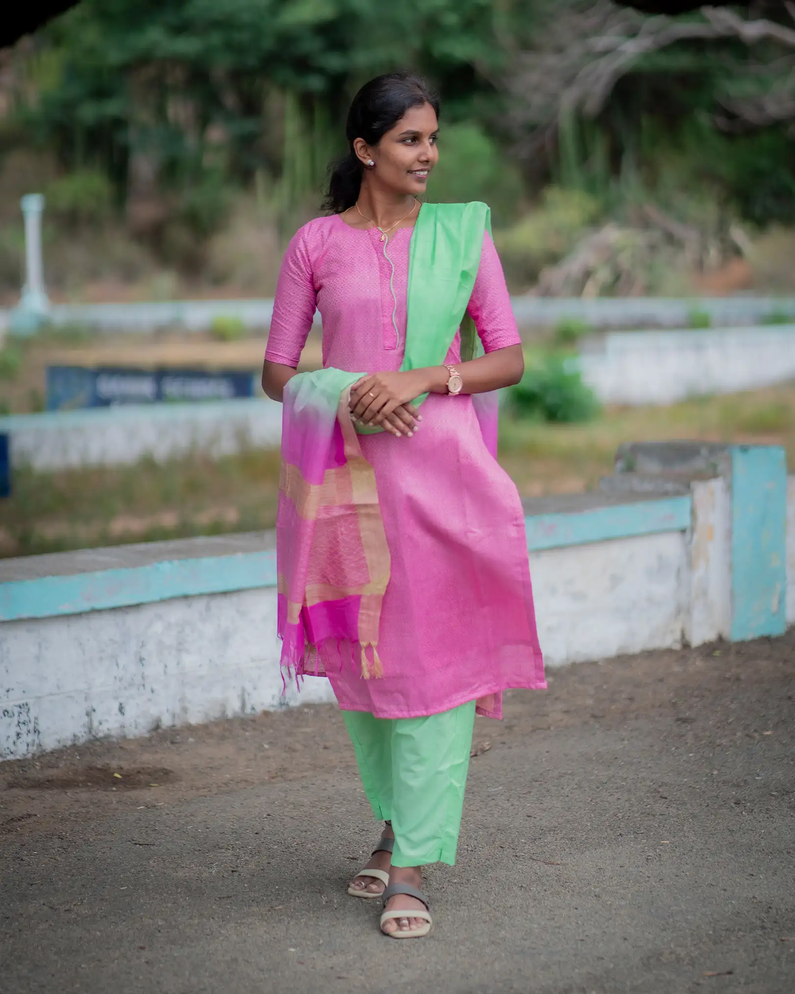 T038 Pink Pista Charm Katan Silk Kurta Set - Image 4