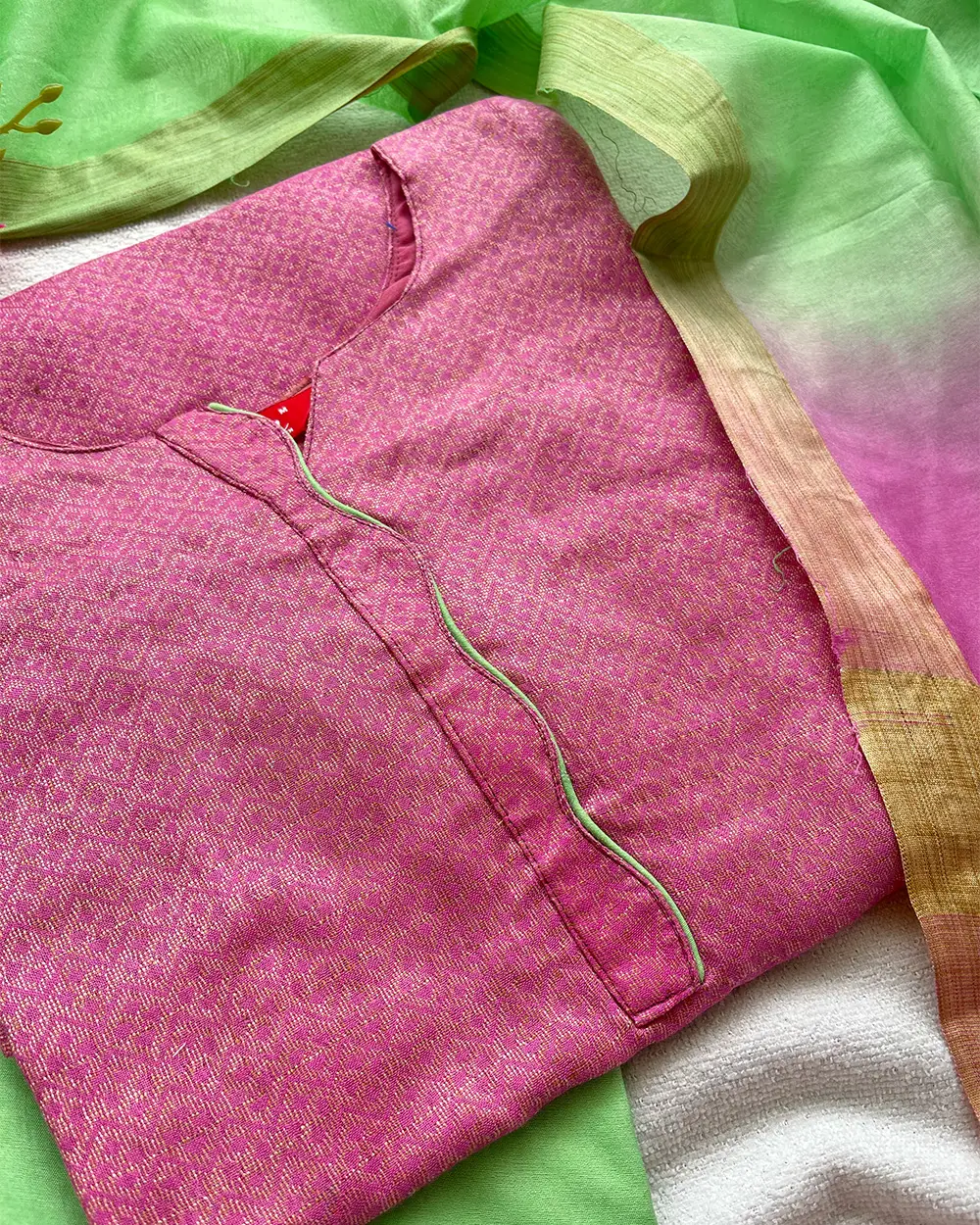 T038 Pink Pista Charm Katan Silk Kurta Set - Image 5