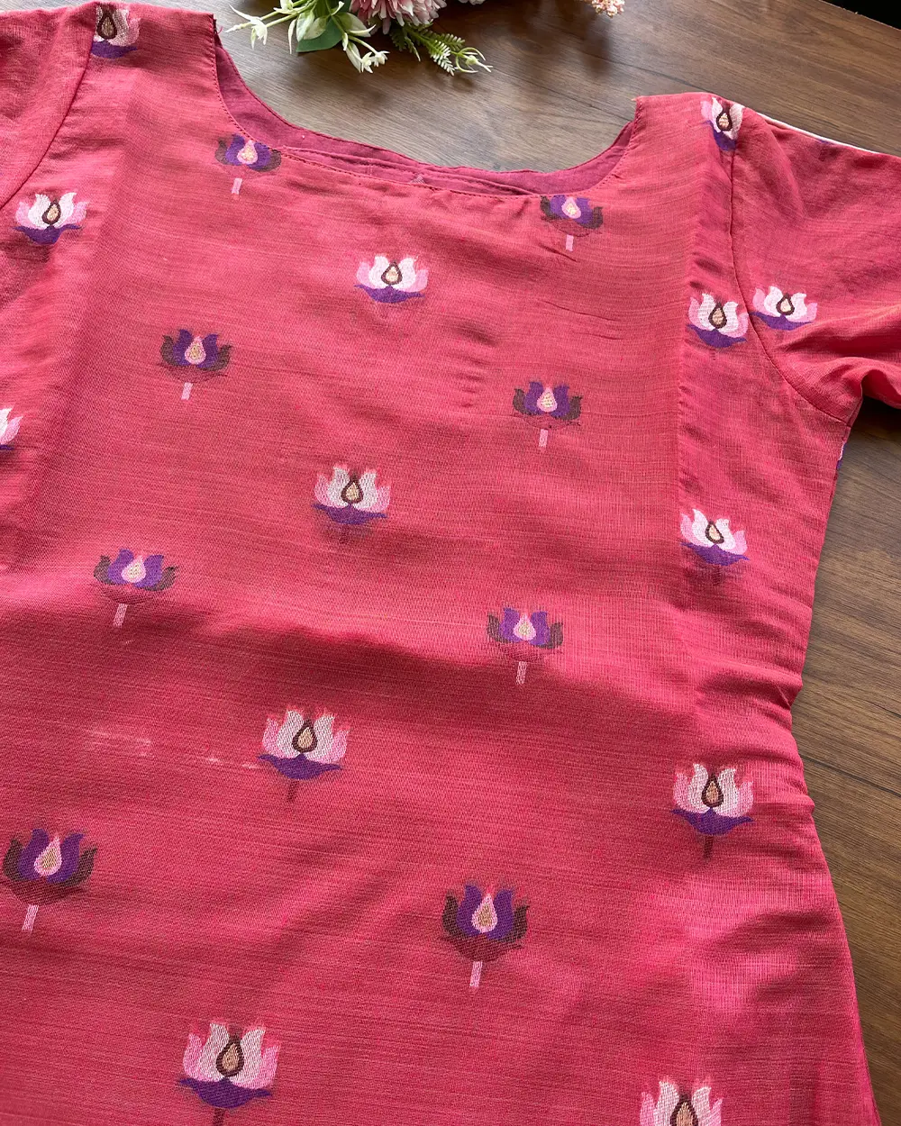 T095 PinkRed Lotus Kurta Set (Top-Dupatta) - Image 2