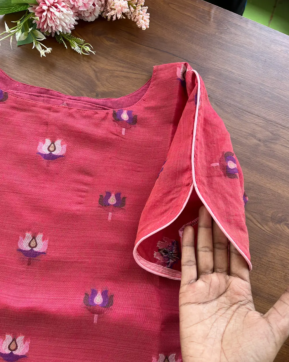 T095 PinkRed Lotus Kurta Set (Top-Dupatta) - Image 3