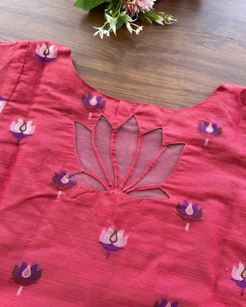 T095 PinkRed Lotus Kurta Set (Top-Dupatta) - Image 4