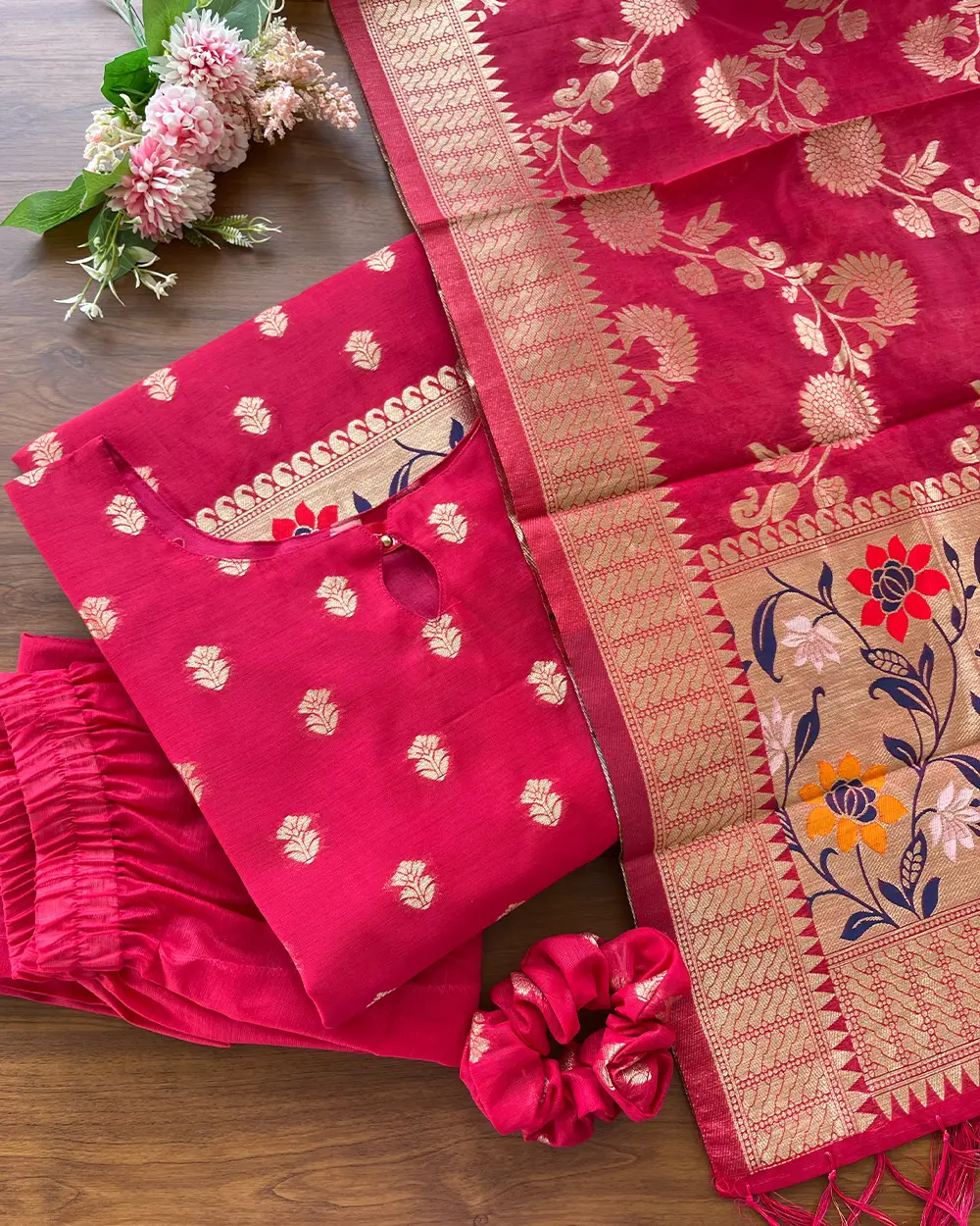 T092 Rani Pink - 2 Banaras Cotton Kurta Set (PRE ORDER 20-25 days) - Image 2