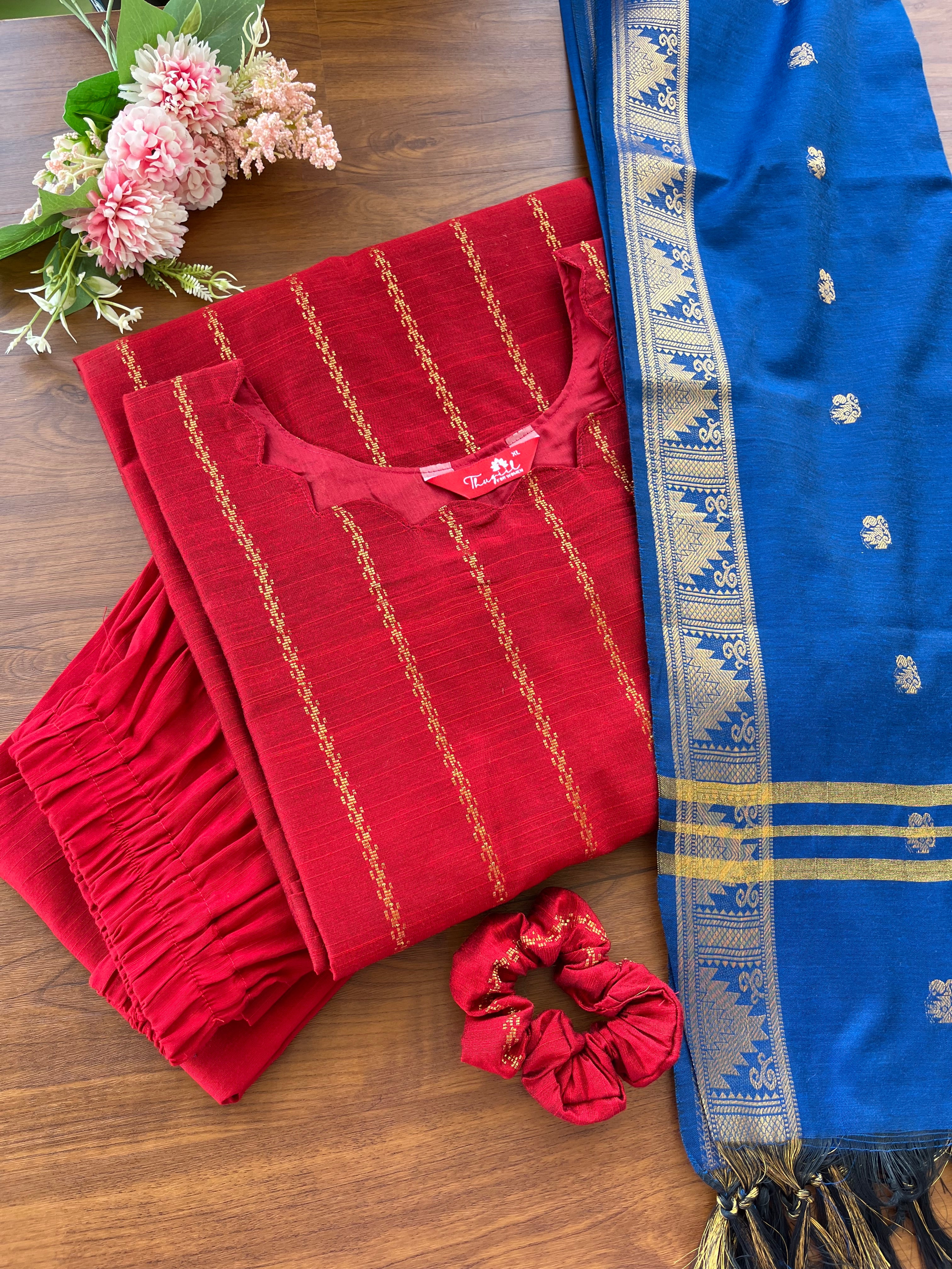 T089 Royal Red Silk Kurta Set - 3 pc - Image 2