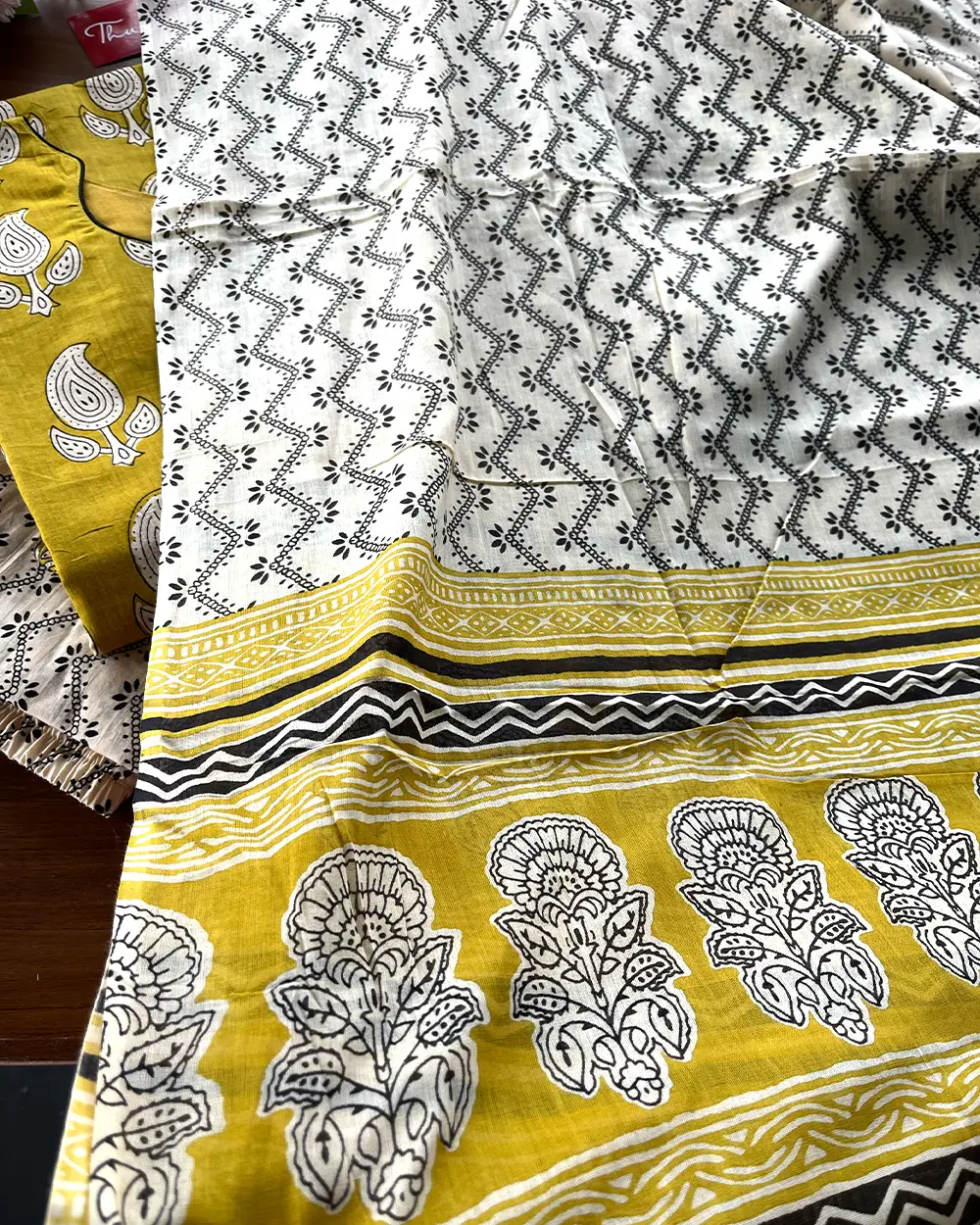 T198 Mustard Handblock printed Cotton Kurta Set - Image 3
