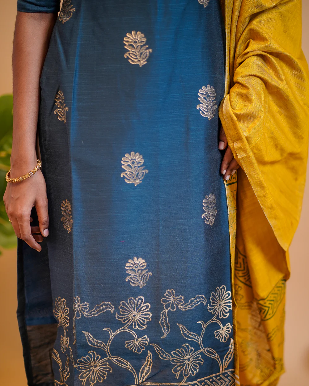 T203  Teal Gold Elegance Kurta Set (Top - Dupatta) - Image 3
