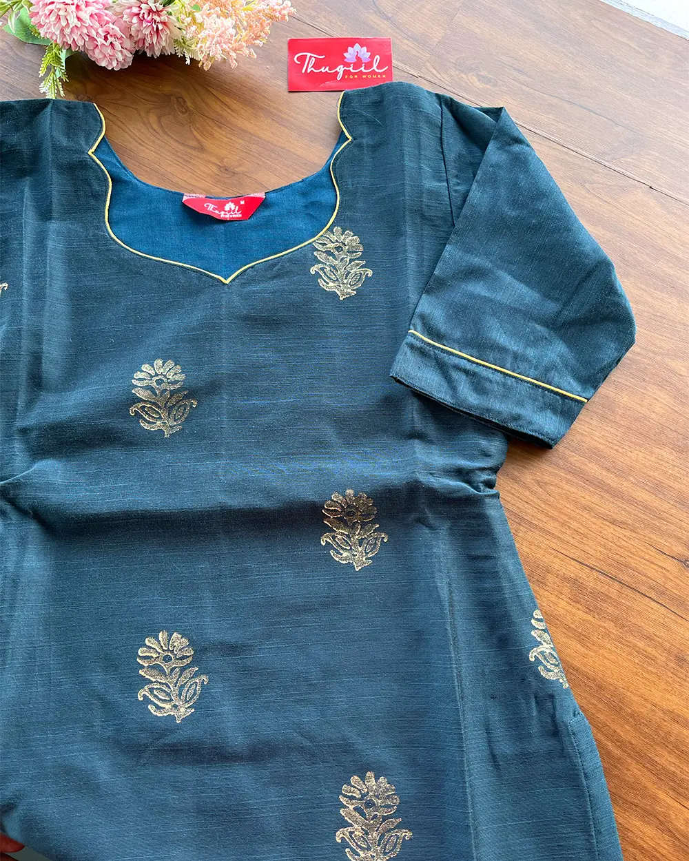 T203  Teal Gold Elegance Kurta Set (Top - Dupatta) - Image 7