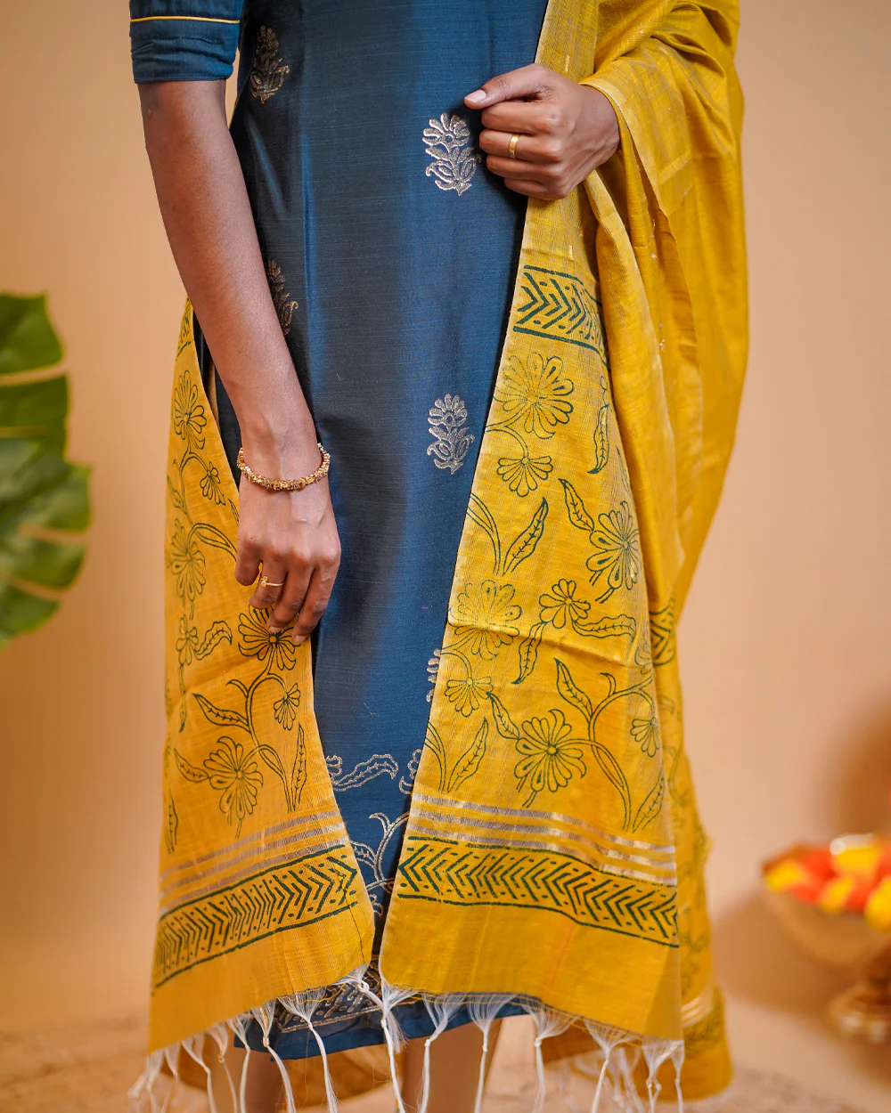 T203  Teal Gold Elegance Kurta Set (Top - Dupatta) - Image 8