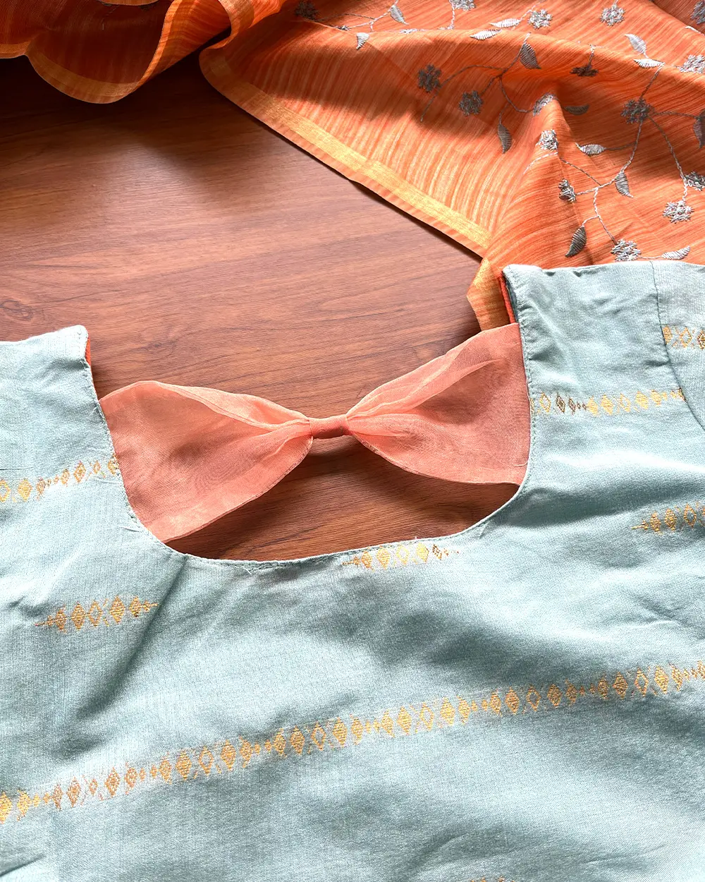T206 Luxe IceBlue - Orange Silk Kurta Set - Image 3