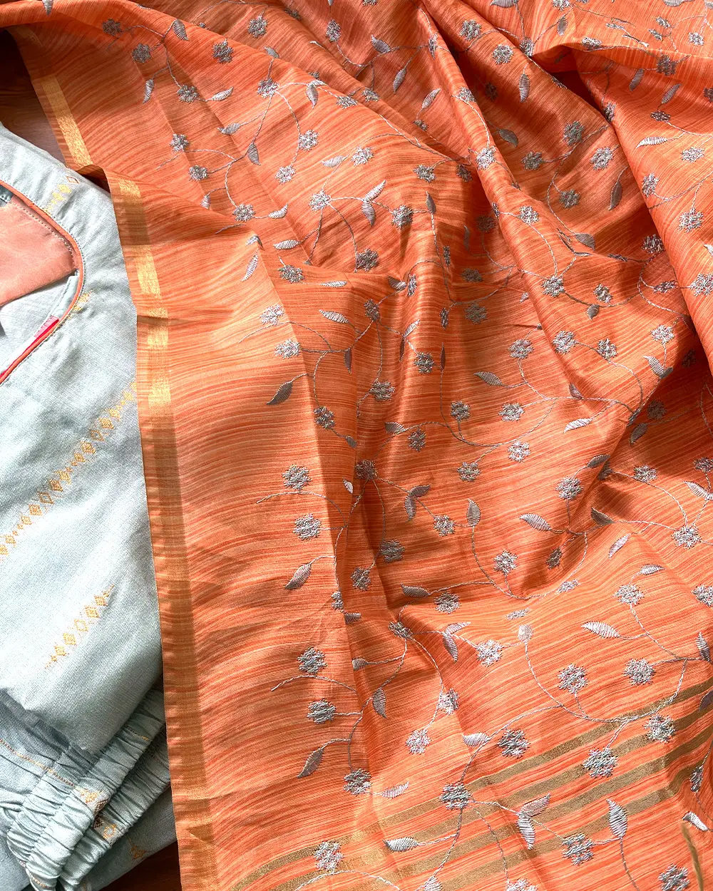 T206 Luxe IceBlue - Orange Silk Kurta Set - Image 4