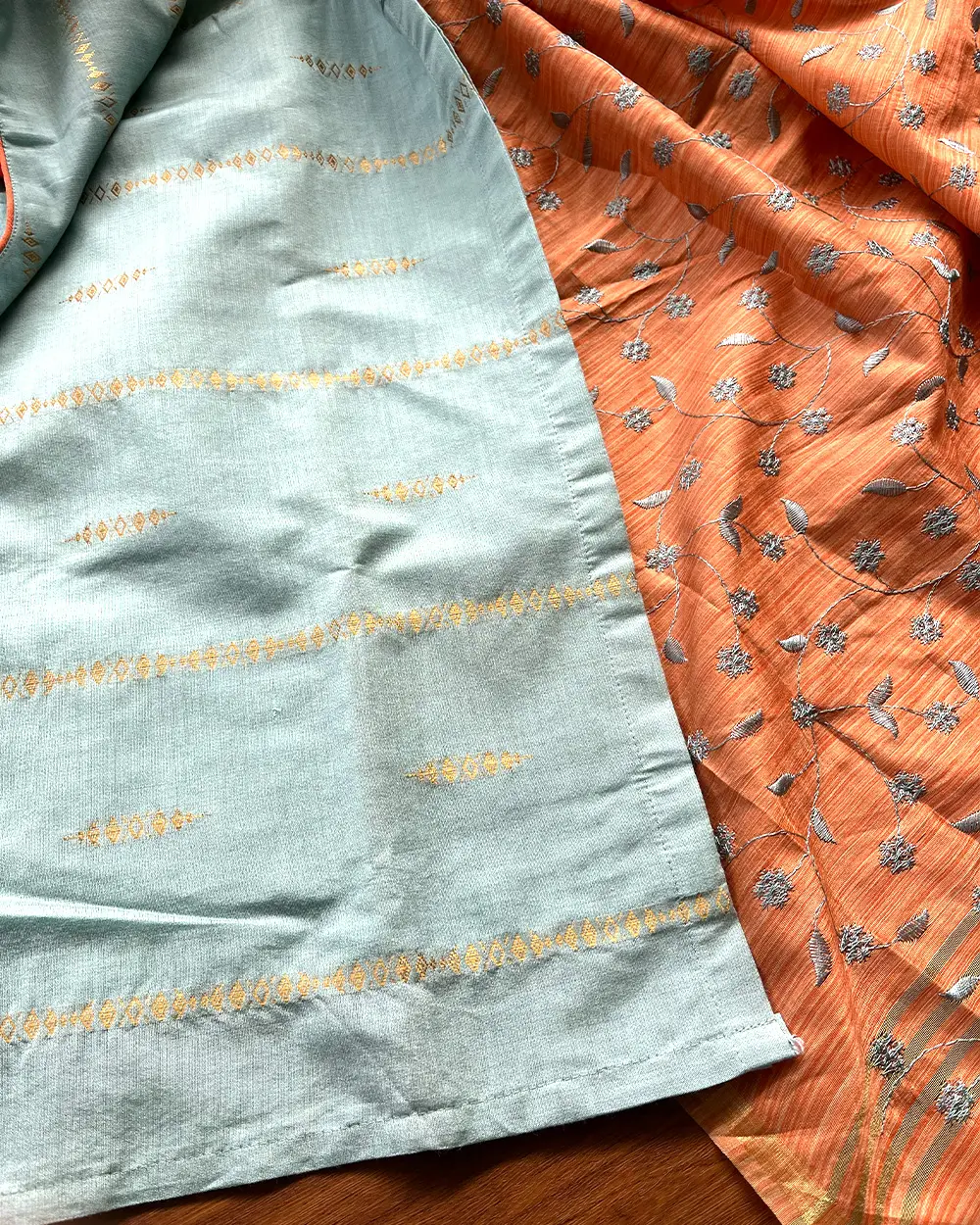T206 Luxe IceBlue - Orange Silk Kurta Set - Image 5