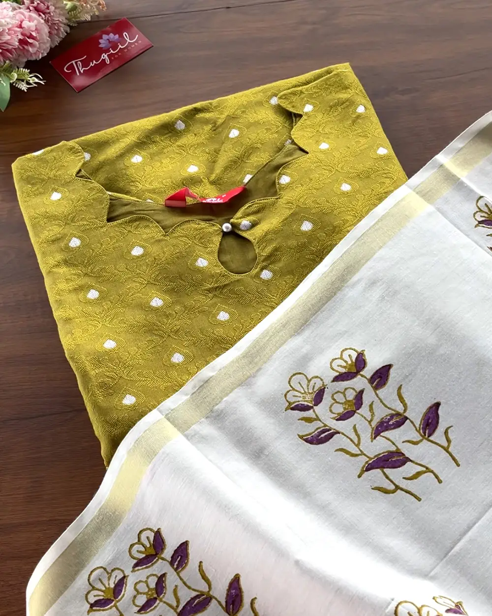 T207 Olive Bloom Jacquard Kurta Set (Top-Dupatta) - Image 2
