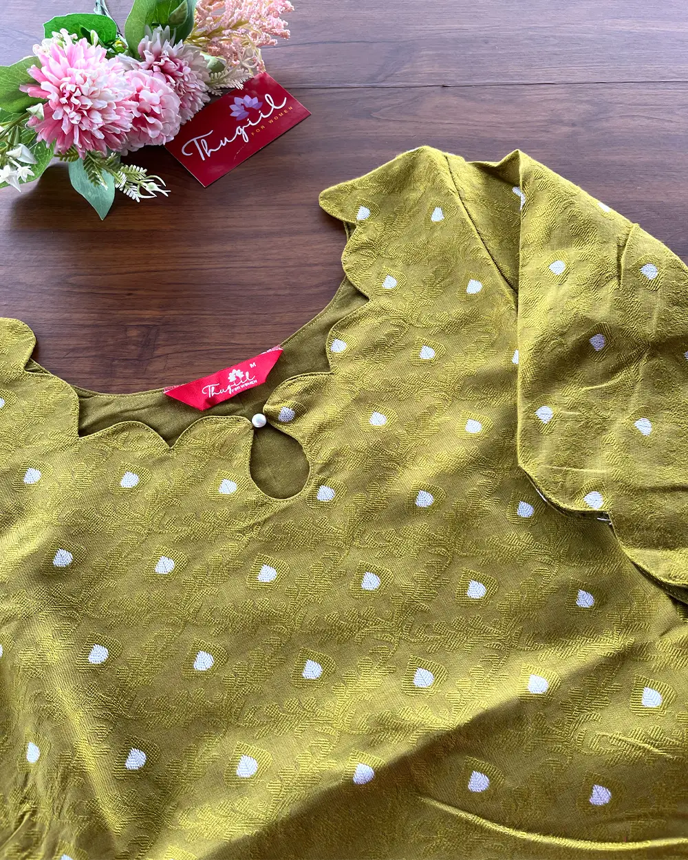 T207 Olive Bloom Jacquard Kurta Set (Top-Dupatta) - Image 4