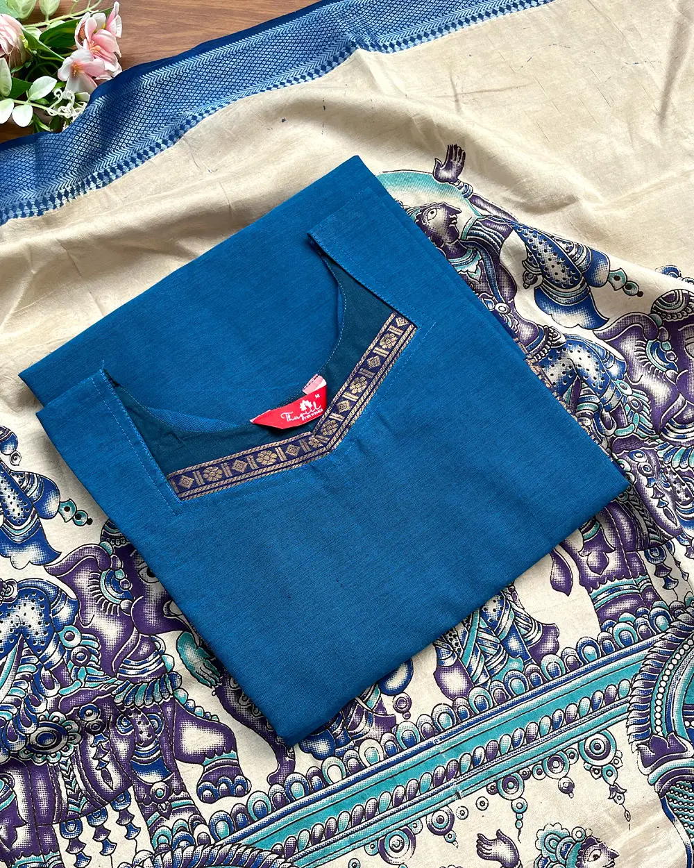T212 Kalamkari Rhythm Silk Kurta Set (Top - Dupatta)