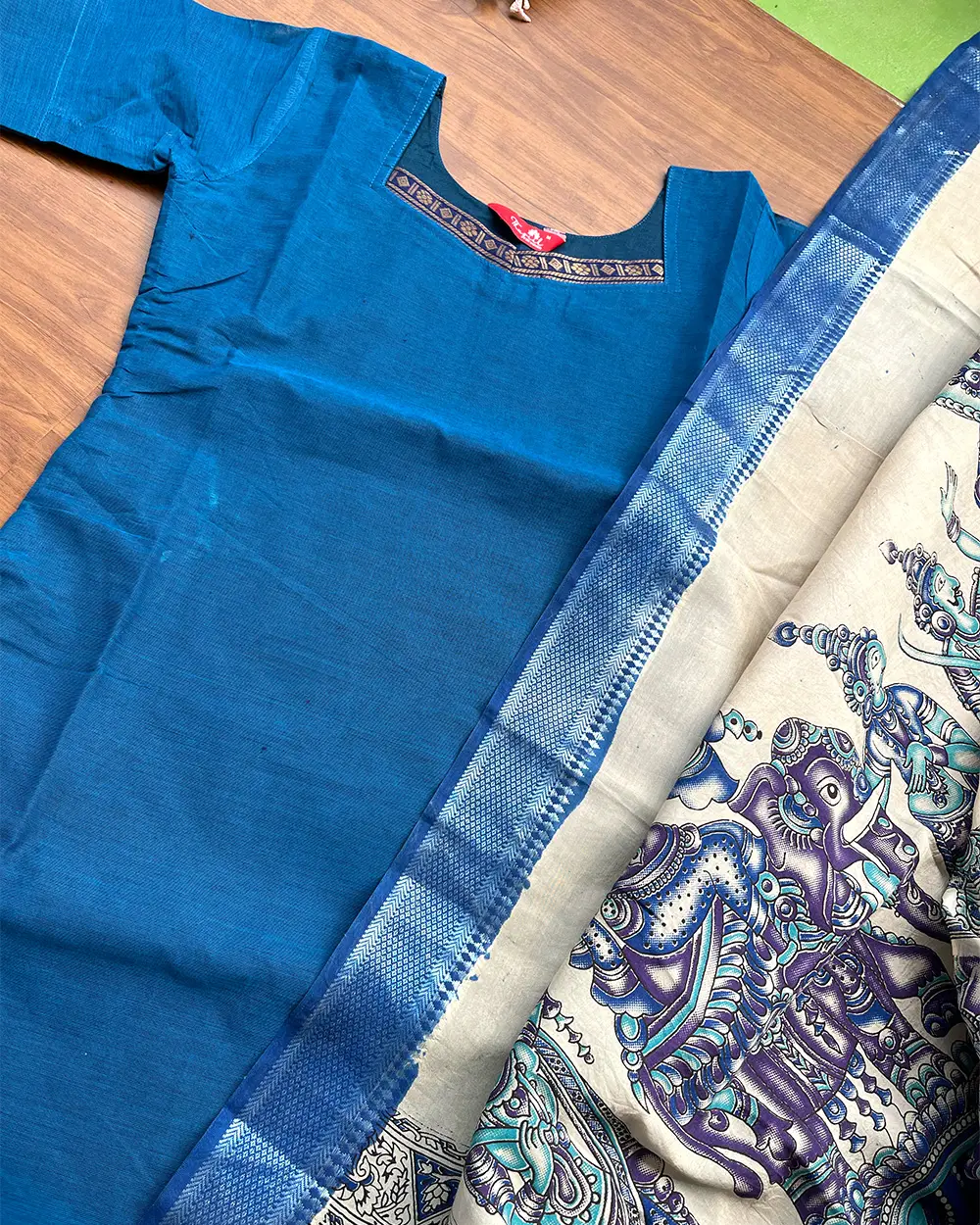 T212 Kalamkari Rhythm Silk Kurta Set (Top - Dupatta) - Image 2