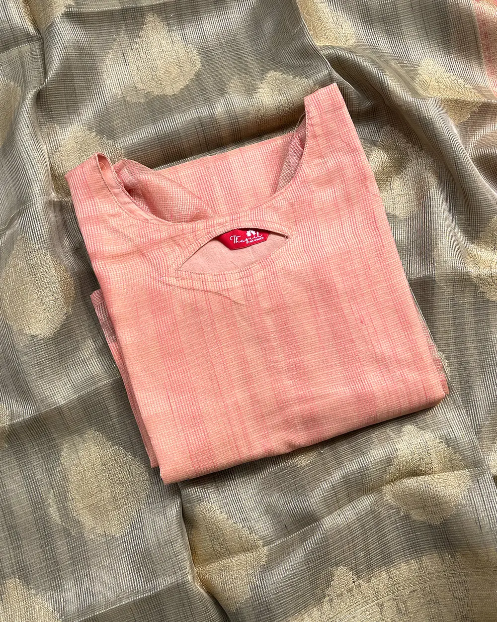 T214 Pink Kota Banaras Kurta Set (Top - Dupatta)