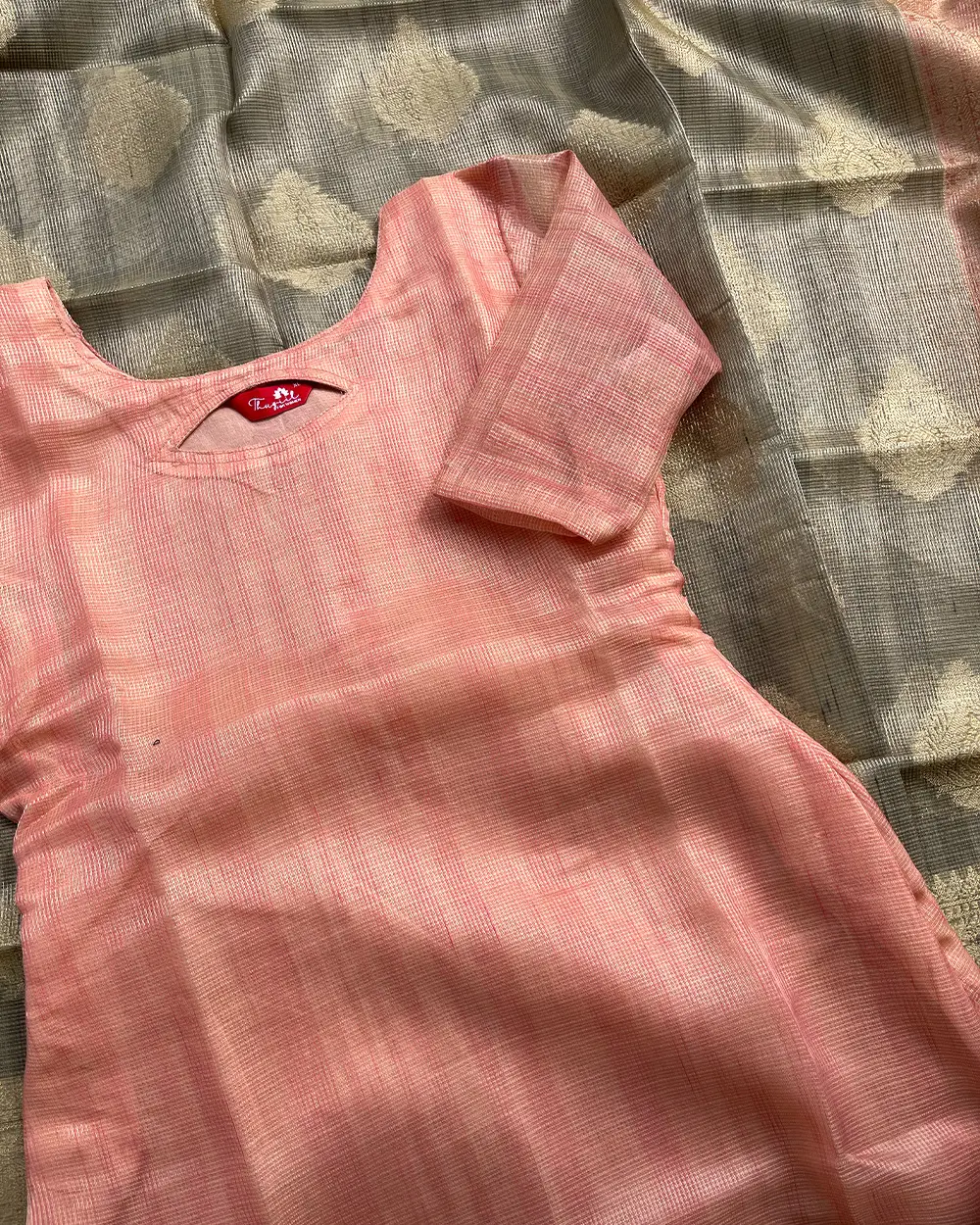 T214 Pink Kota Banaras Kurta Set (Top - Dupatta) - Image 2