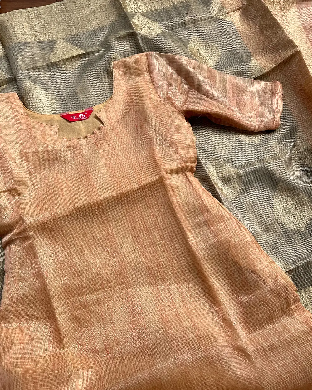 T216 Apricot Orange Kota Banaras Kurta Set (Top - Dupatta) - Image 2