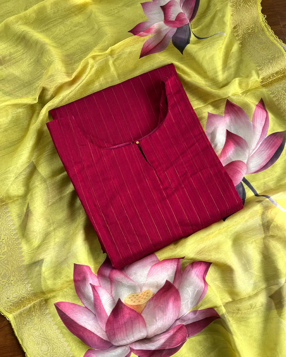 T222 Rani Pink Silk Kurta Set (Top-Dupatta) - Image 2
