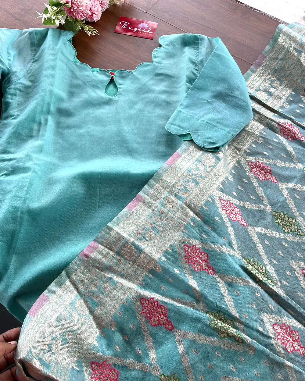 T230 Aqua Serenity Silk Kurta Set Kurta Set (Top - Dupatta) - Image 2