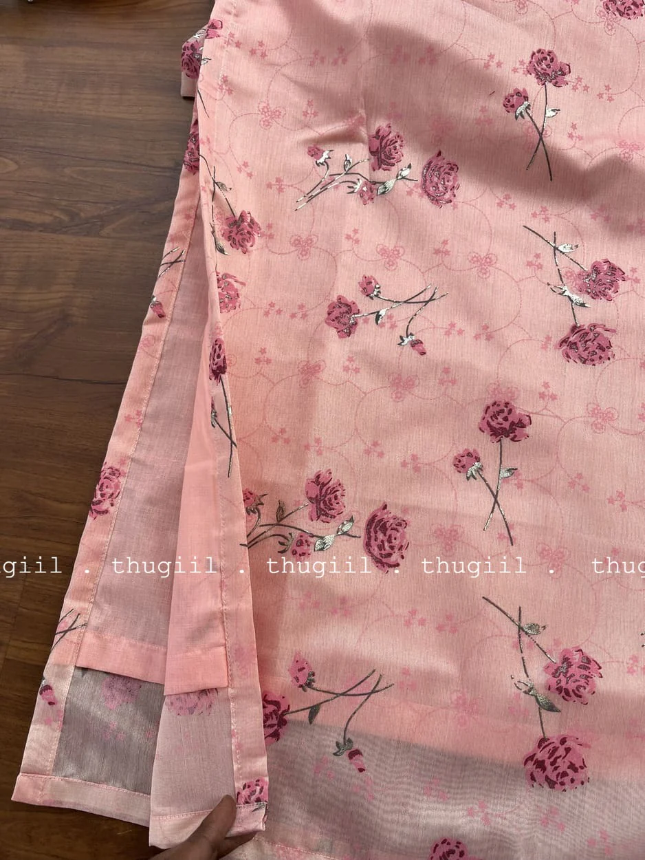 T255 PastelPink Floral Silk Kurta - Image 3