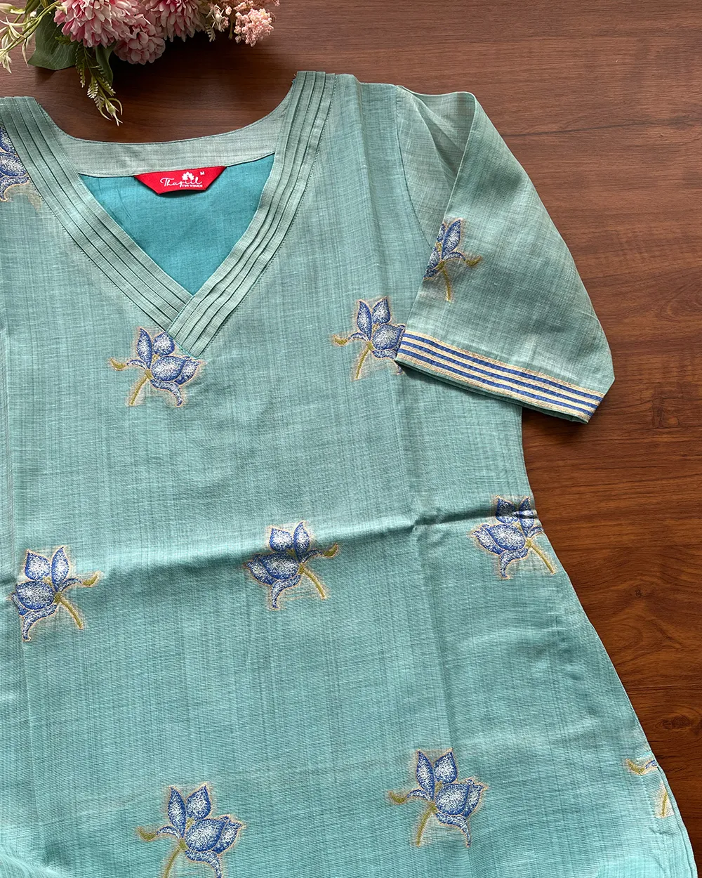 T259 Aqua Petals Kurta Set (Top-Dupatta) - Image 2