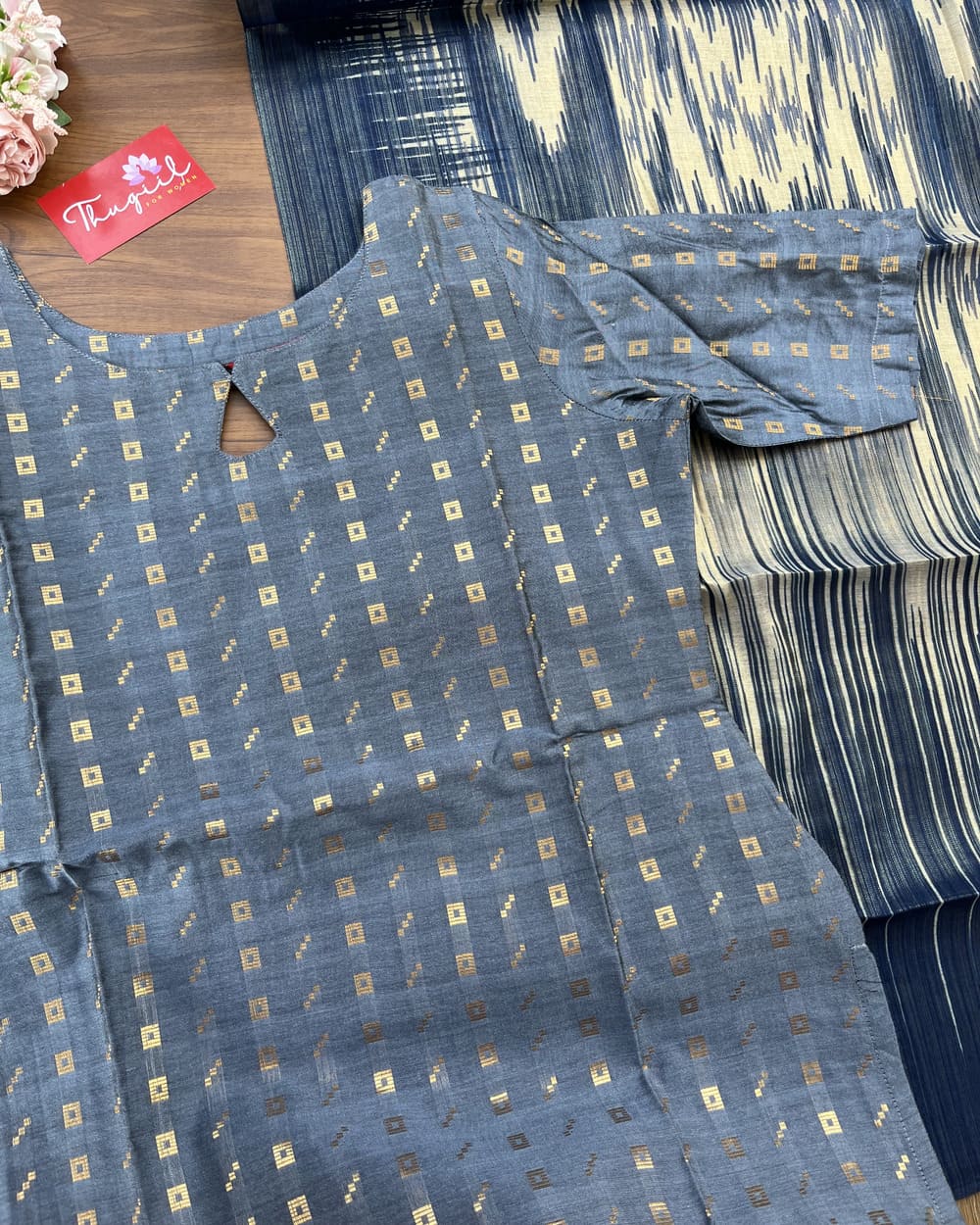 T268 Indigo Grey Kurta Set (Top - Dupatta) - Image 2