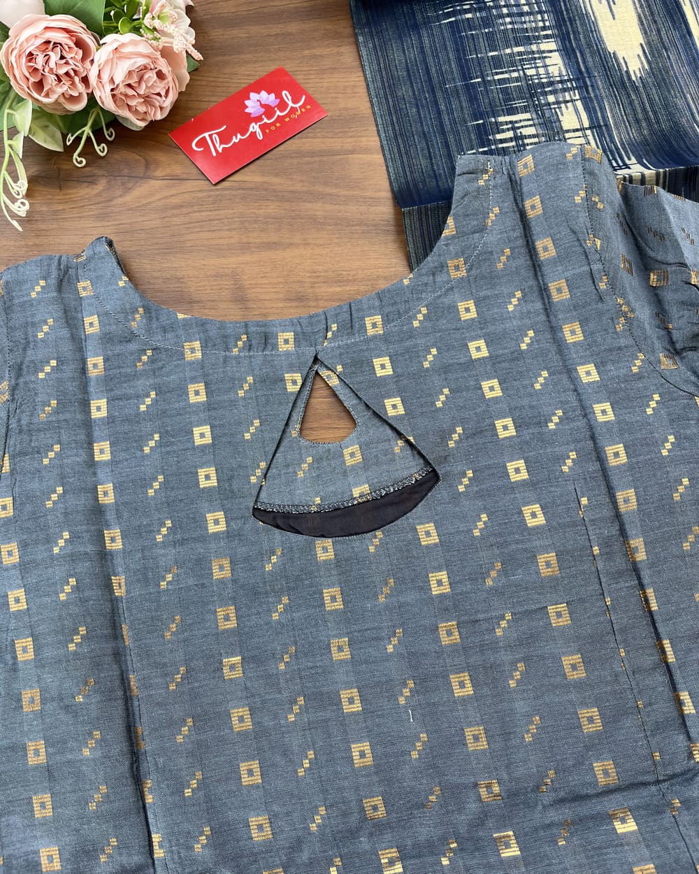 T268 Indigo Grey Kurta Set (Top - Dupatta) - Image 3