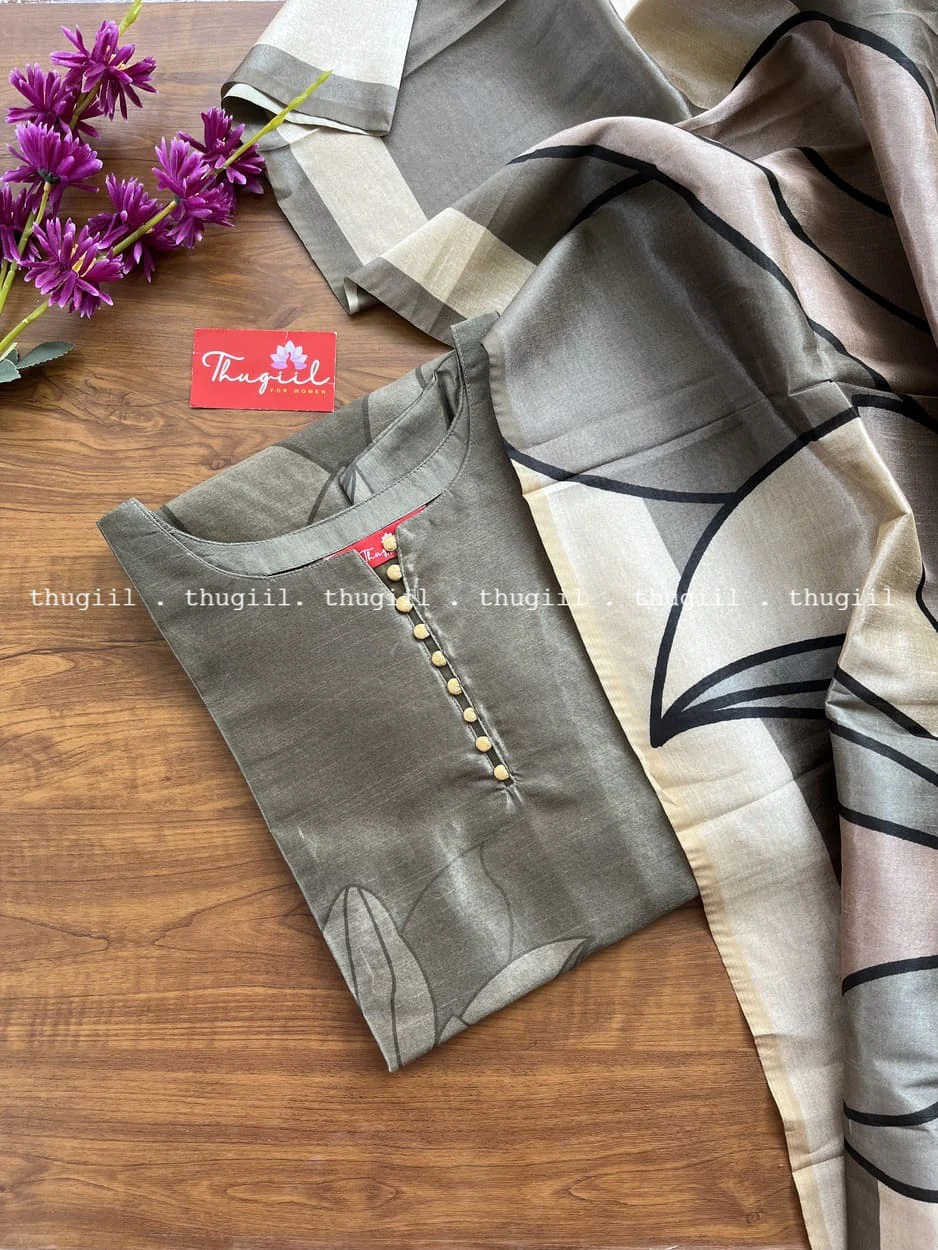 T308 Grey Mist Kurta Set (Top-Dupatta) - Image 2