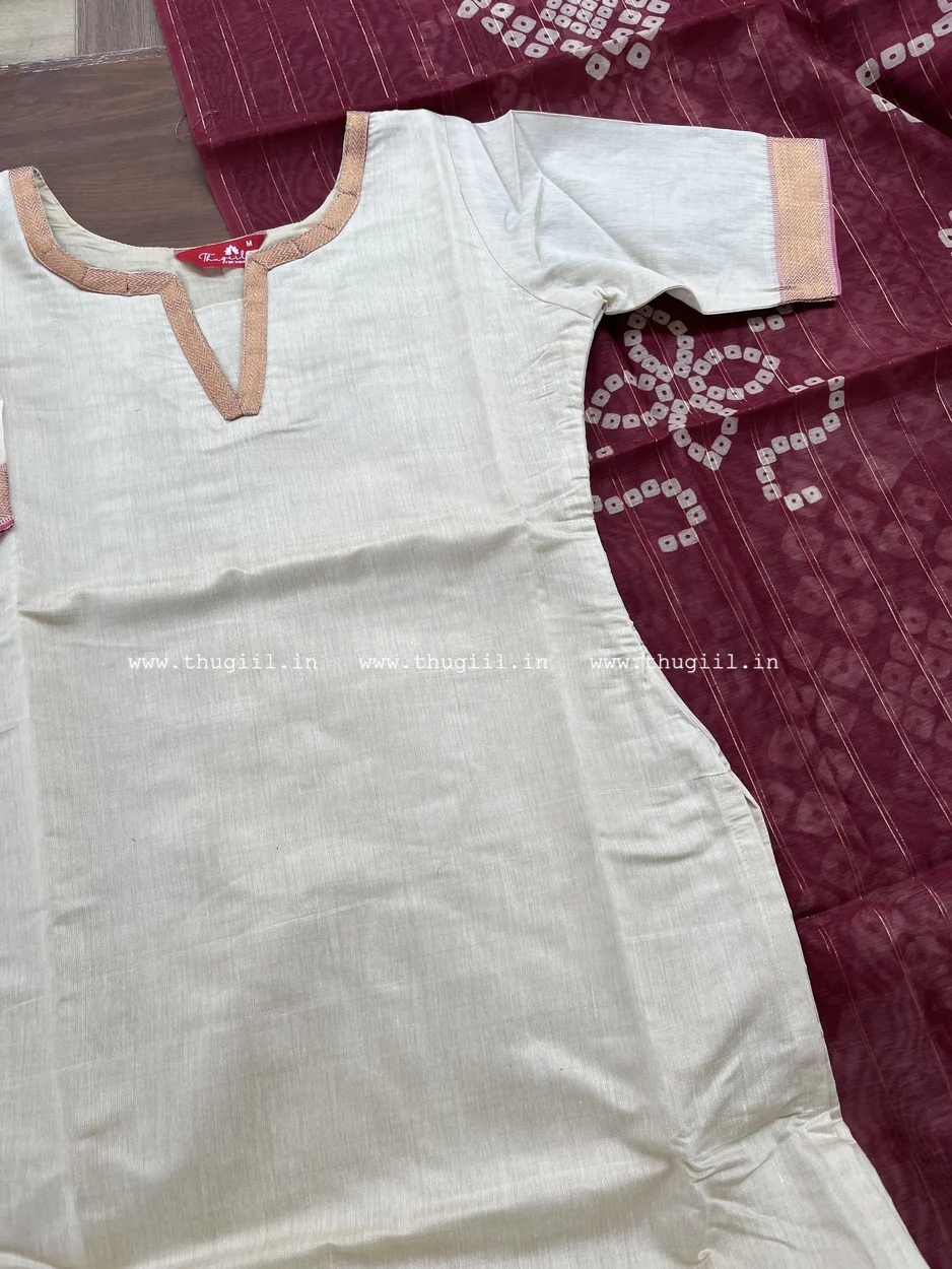 T318 Cream & Wine Kurta Set (Top-Dupatta) - Image 2