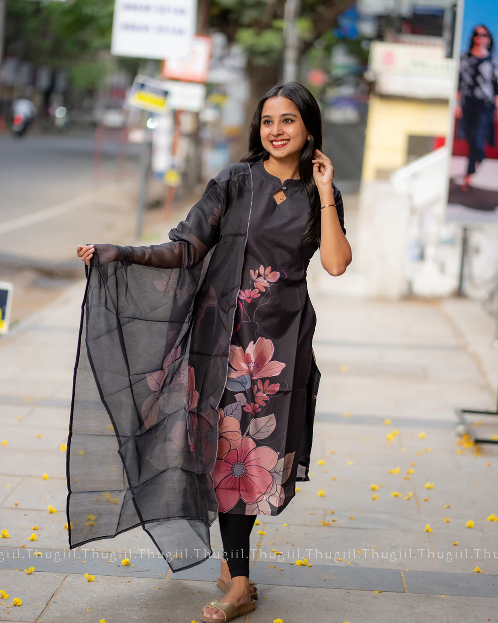 T321 Black Blossom Kurta Set (Top-Dupatta) - Image 2